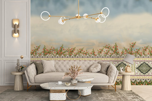 Mughal garden-inspired fence wallpaper mural