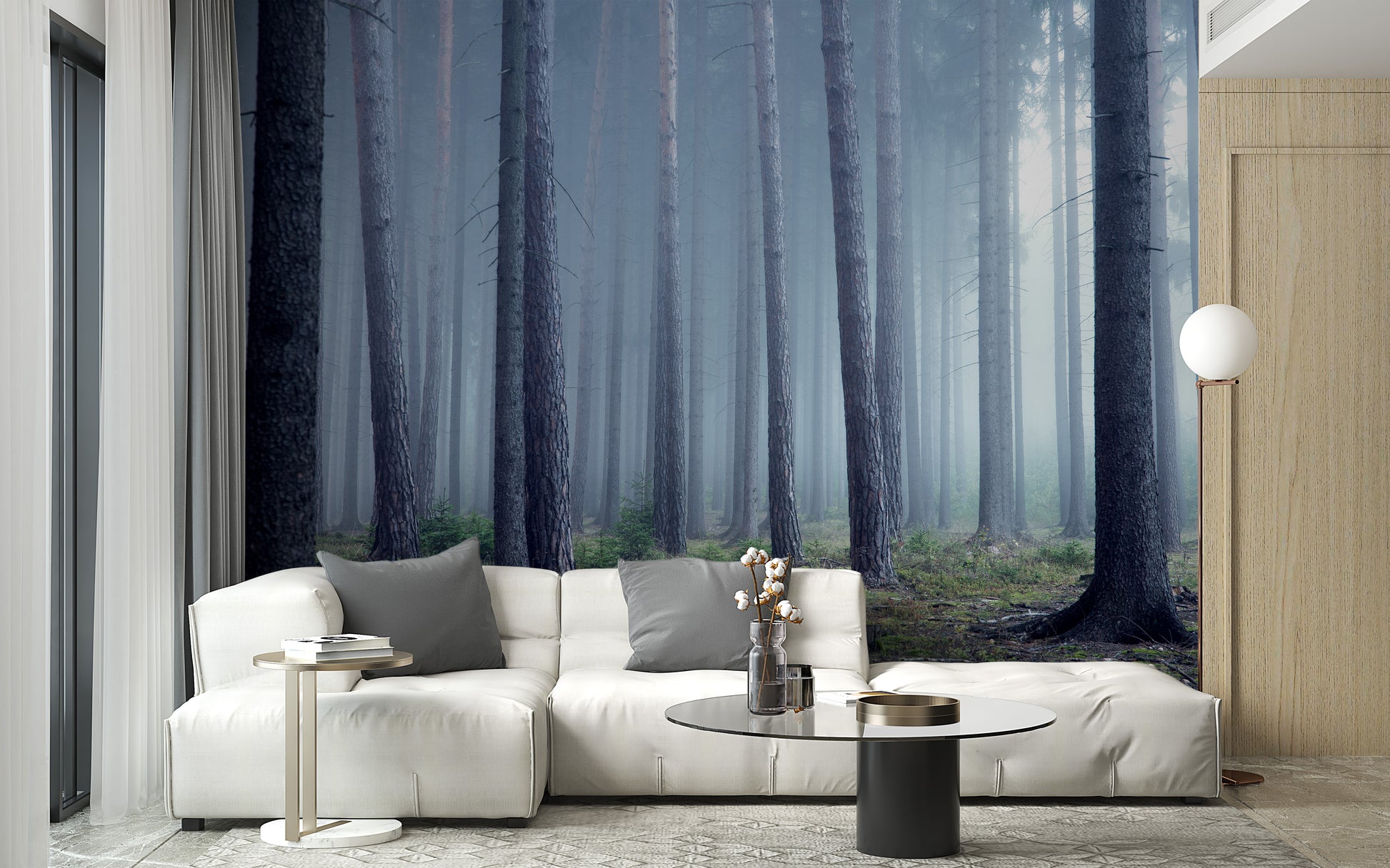 Nature-inspired misty forest mural for elegant decor