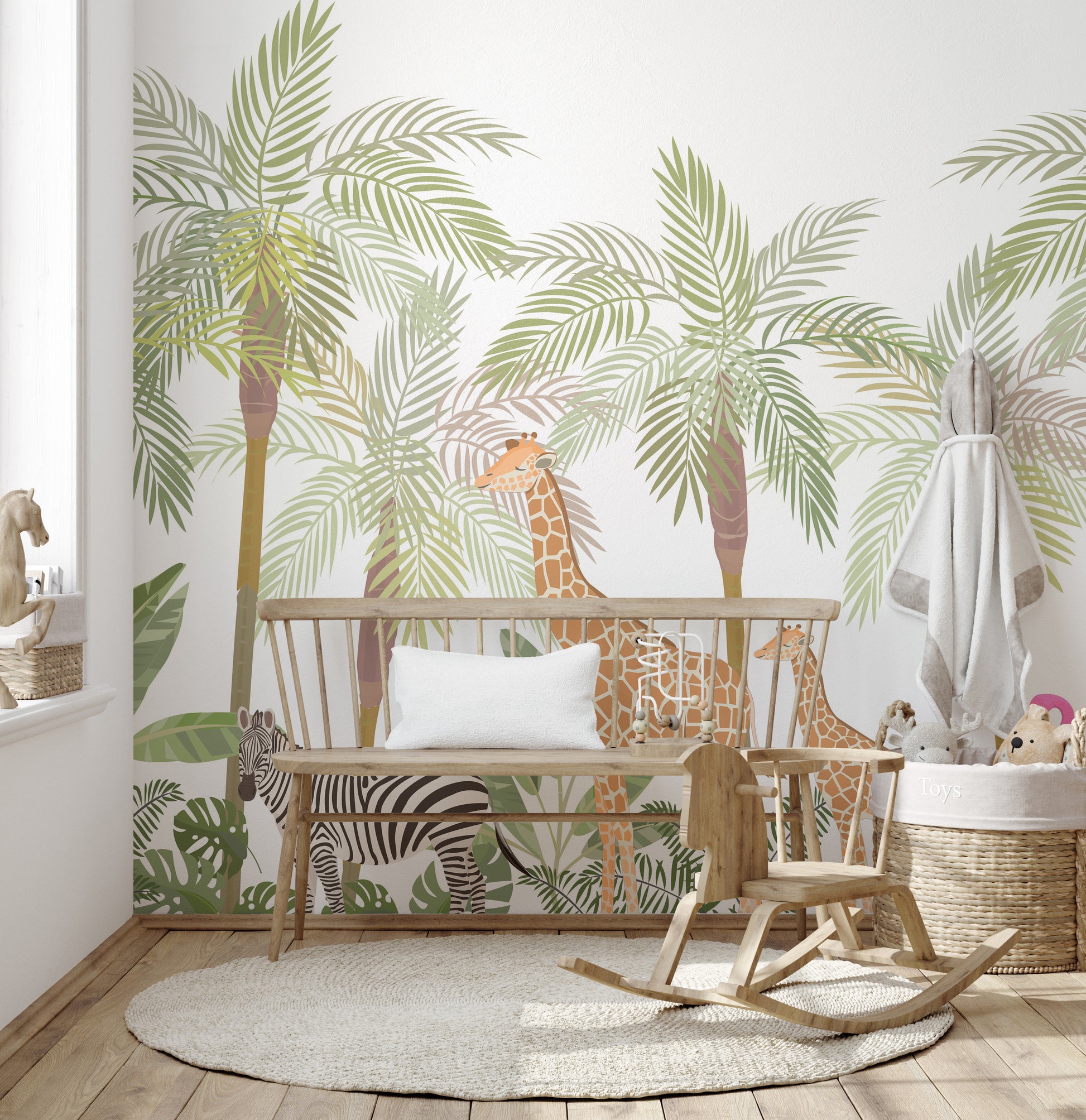 Giraffes and tropical birds in jungle art