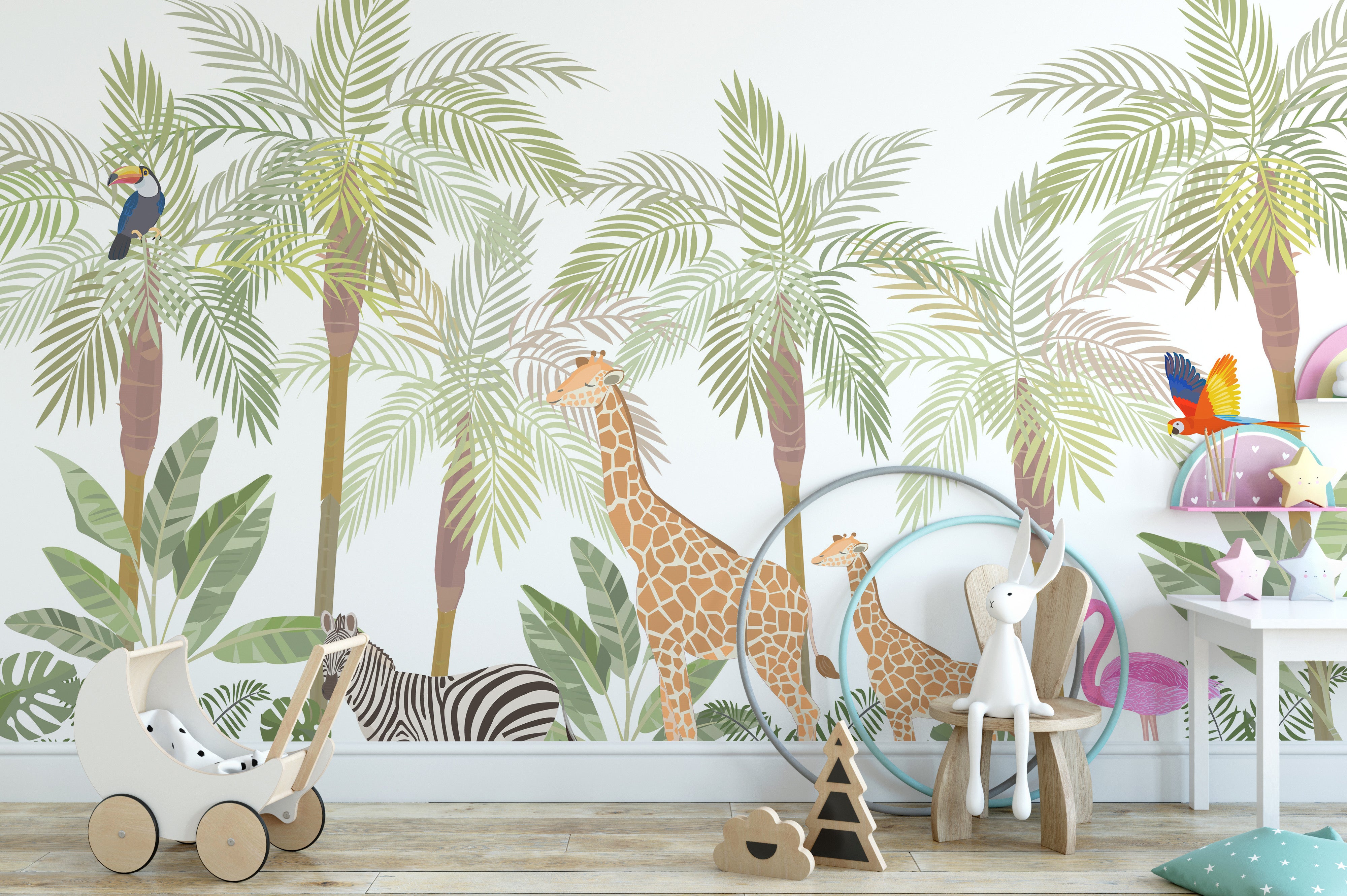 Tropical jungle mural featuring wild animals