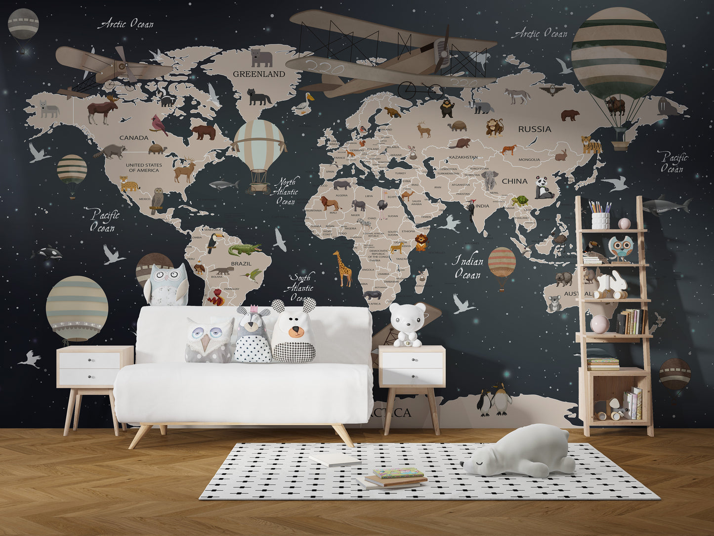 Animals world map wallpaper mural