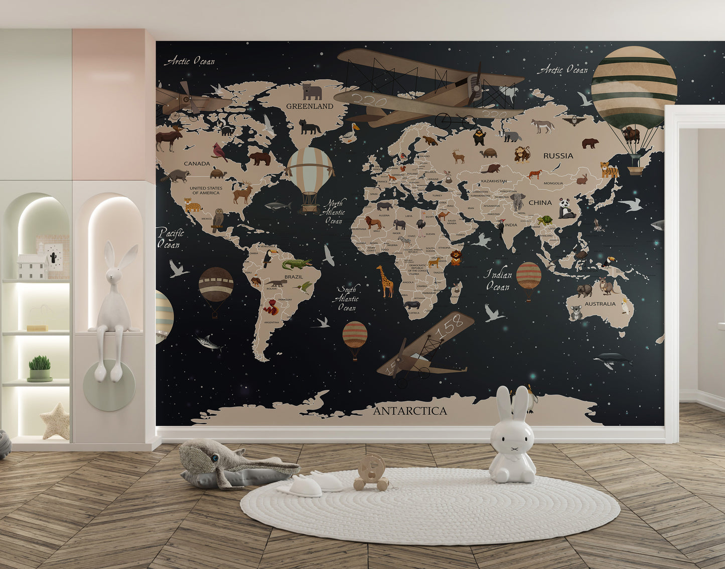 Animals world map wallpaper mural