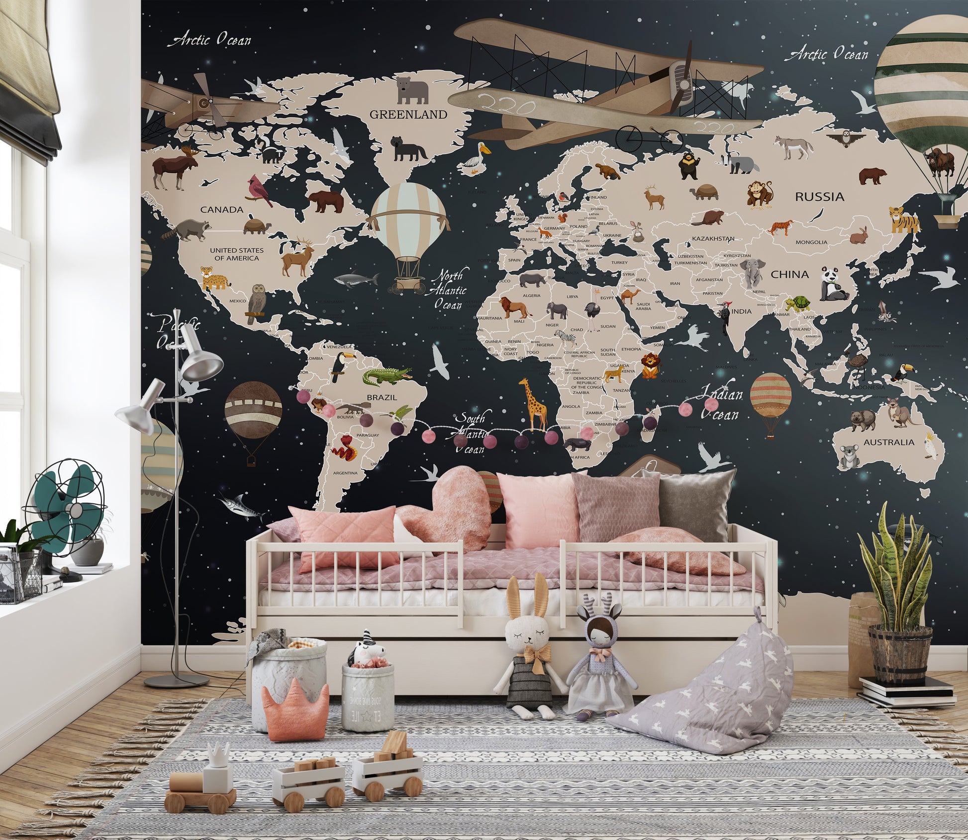 Kids' world map wallpaper with animals