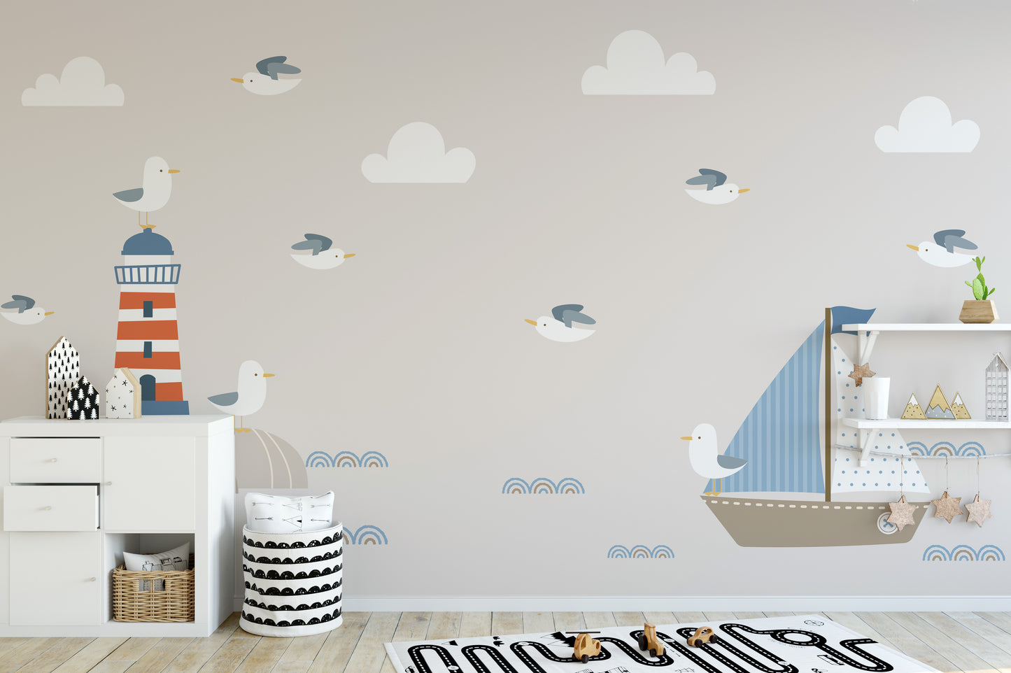 Summer Design Lighthouse Sailboat Cartoon Style Wallpaper Murals