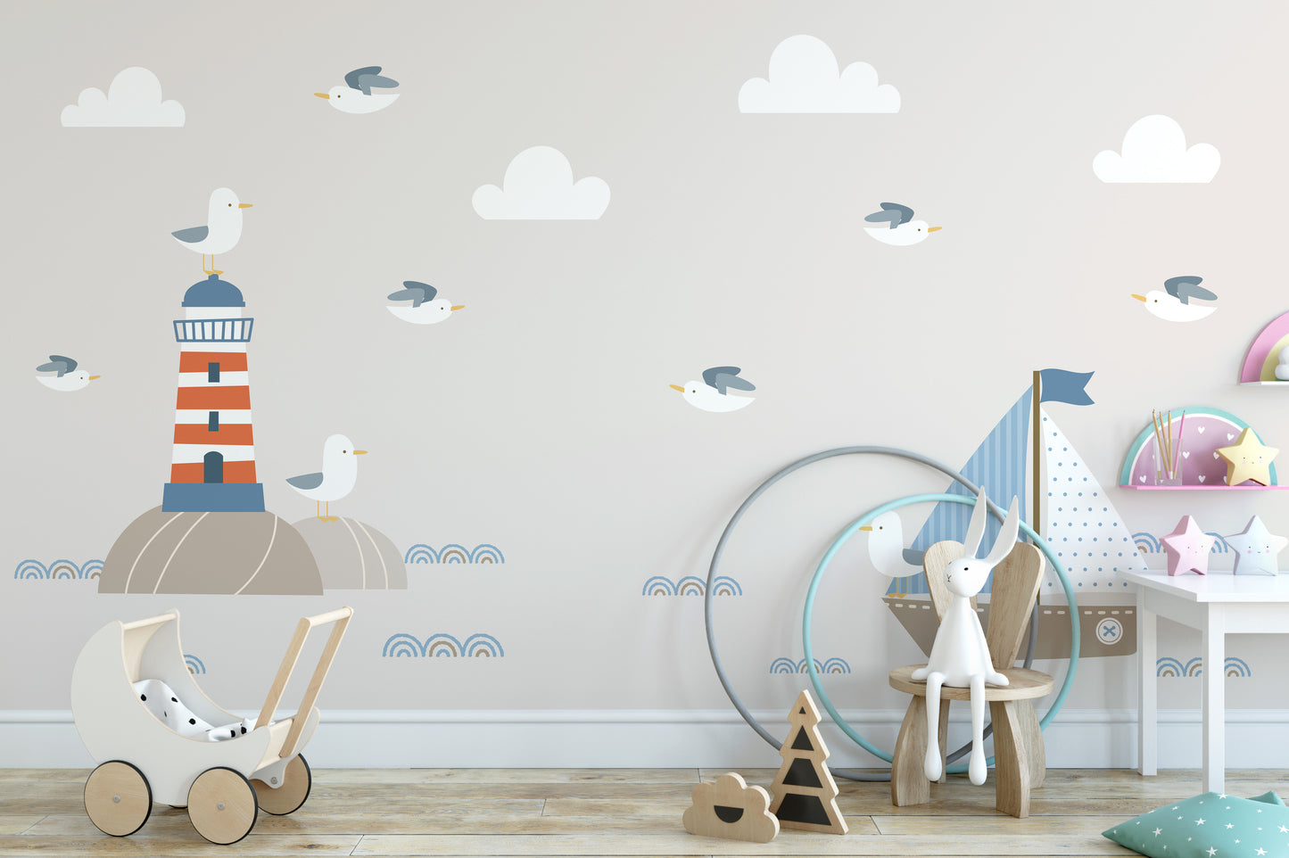 Summer Design Lighthouse Sailboat Cartoon Style Wallpaper Murals