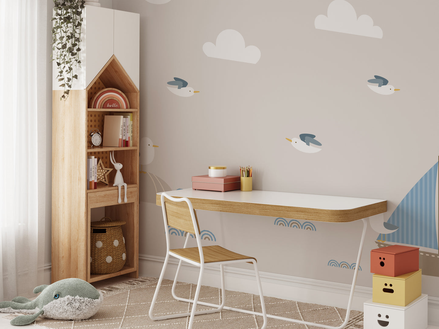 Modern nursery wallpaper with seagulls