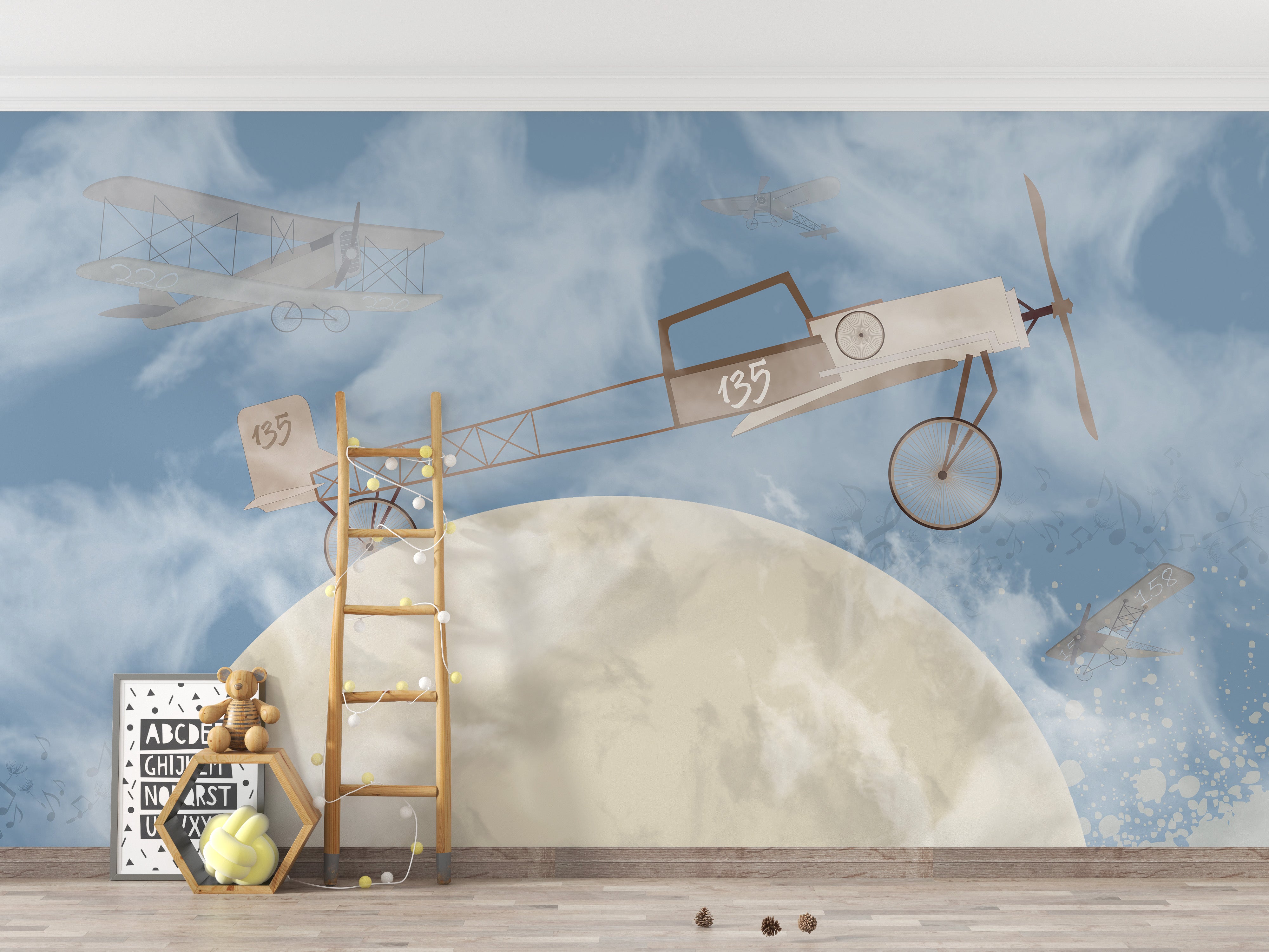 Whimsical planes in sky mural wallpaper