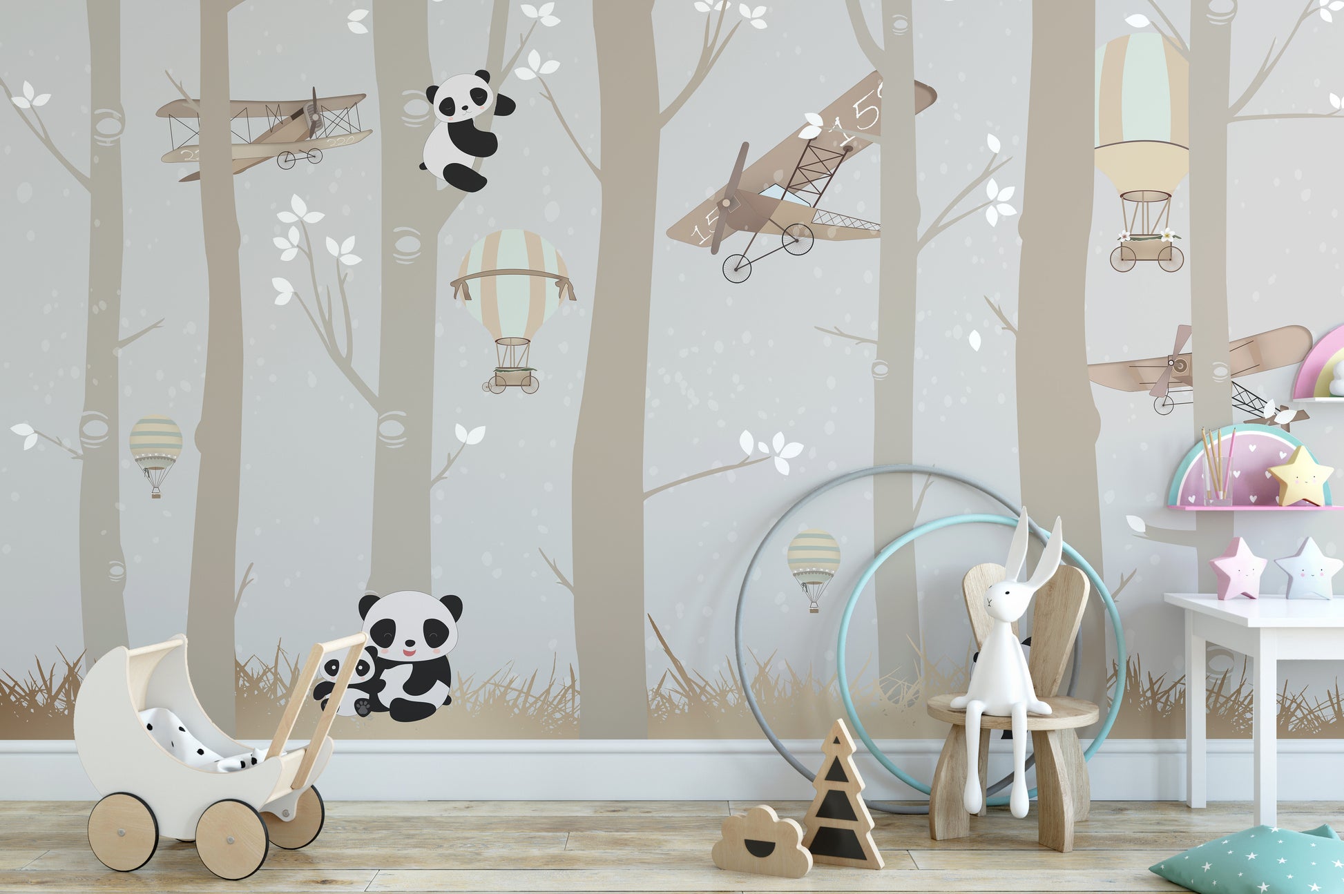 Pandas frolicking in the forest mural
