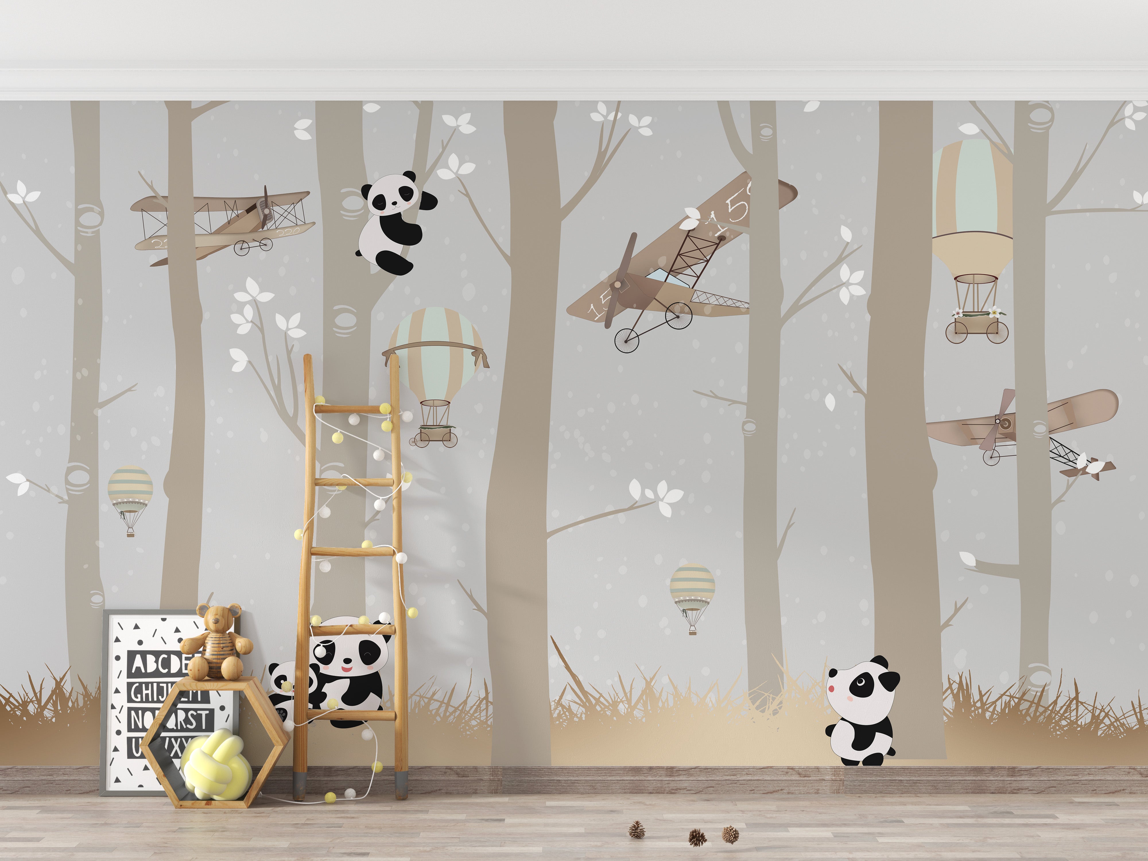 Cheerful pandas in nature decor
