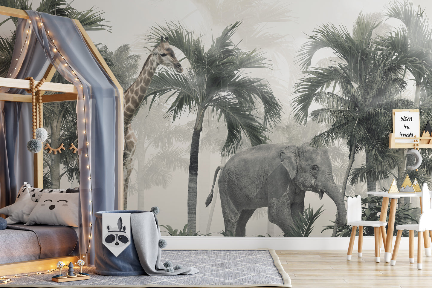 Lush jungle mural with serene safari scene