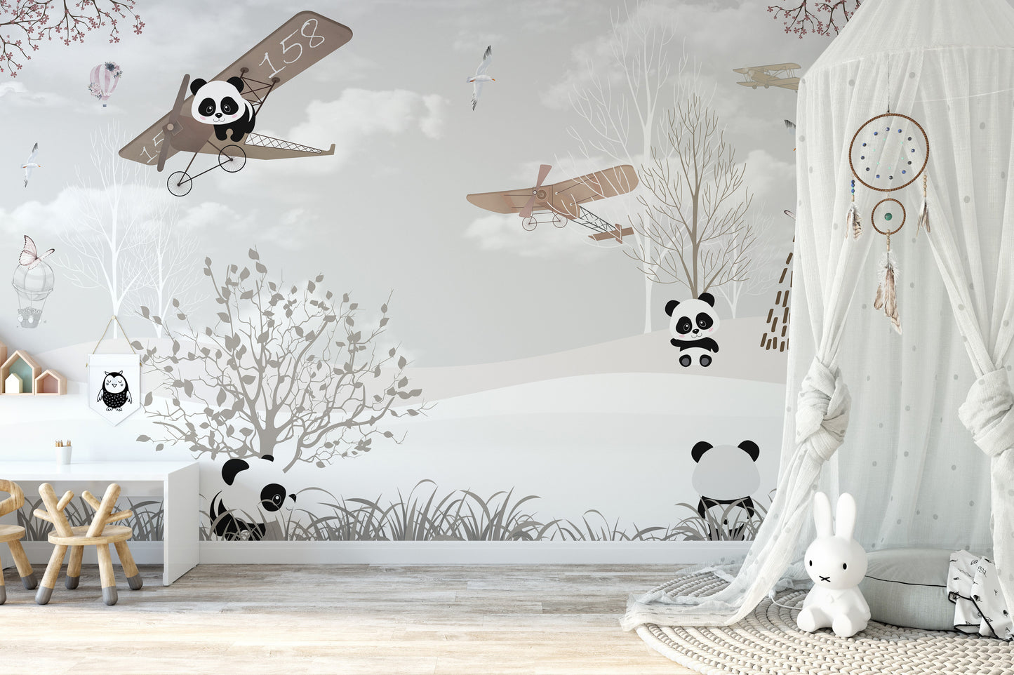 Whimsical panda kids mural with charm