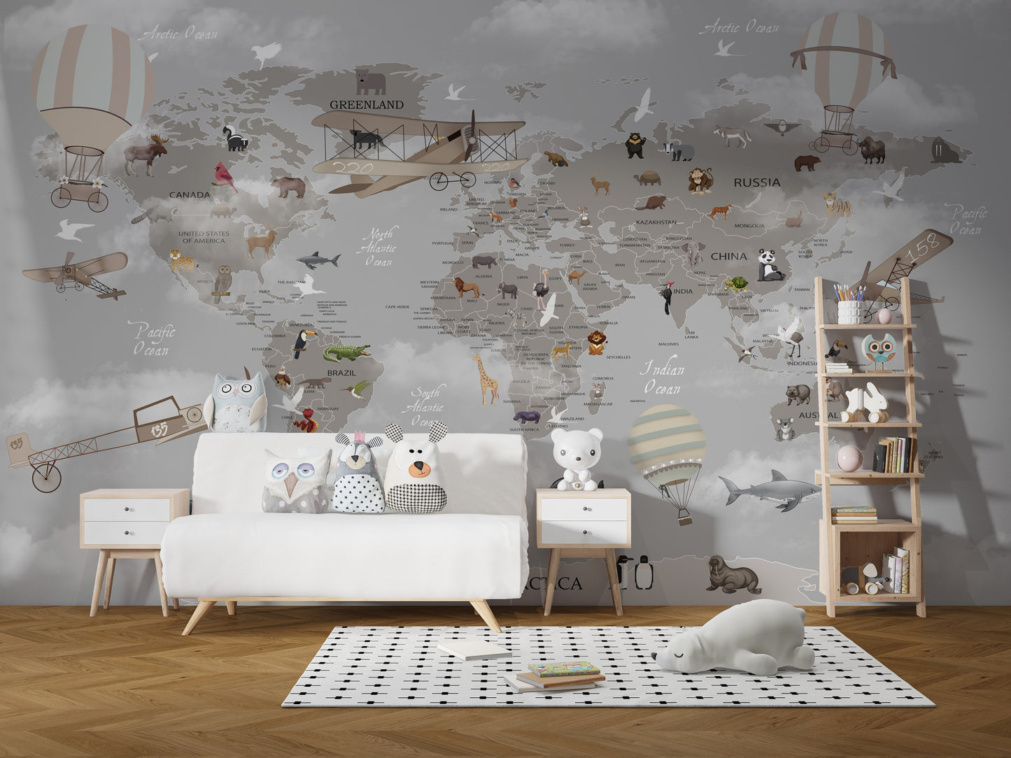 Gray World Map Kids Room Wallpaper