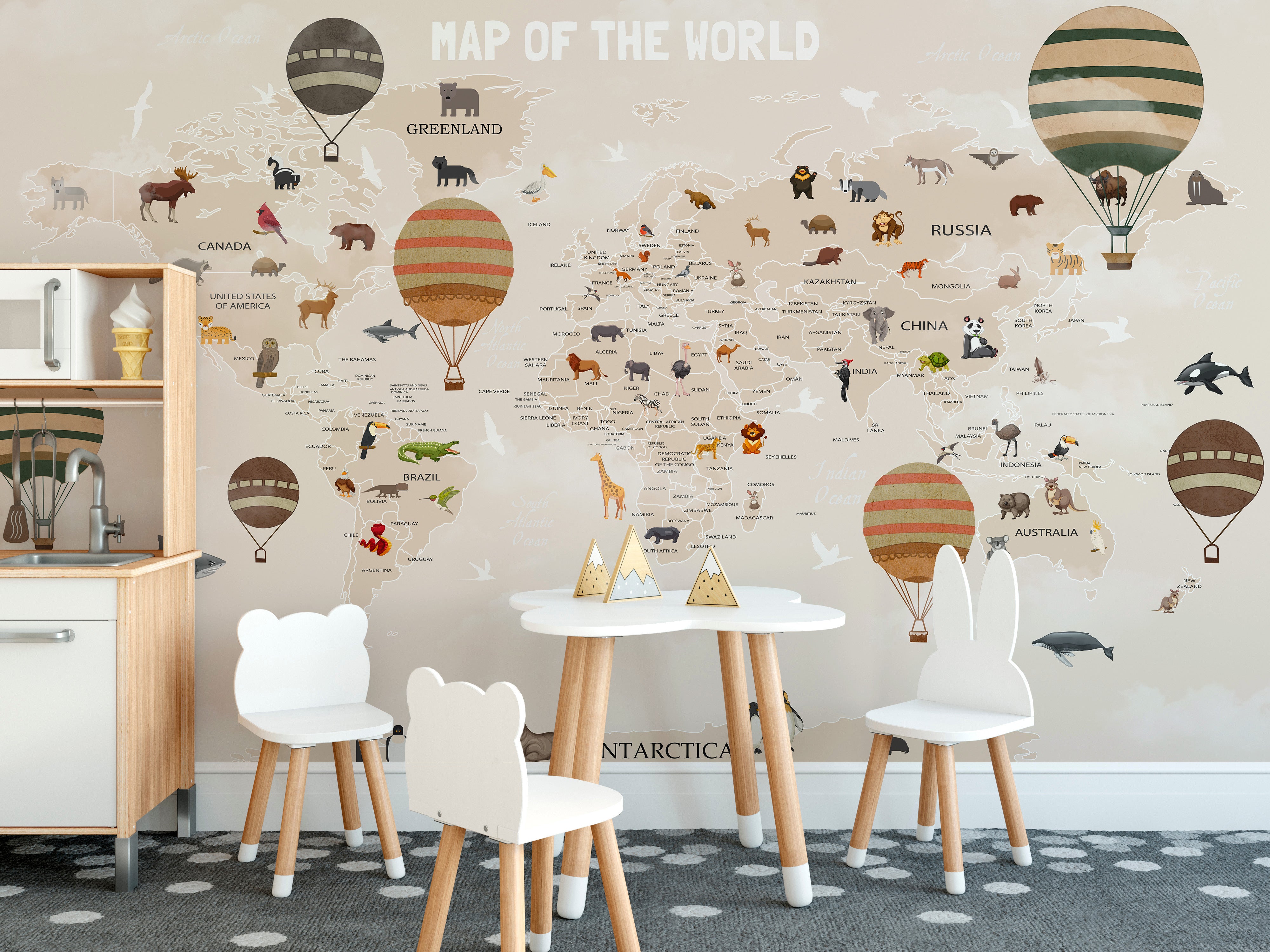 Whimsical world map mural with cute animals