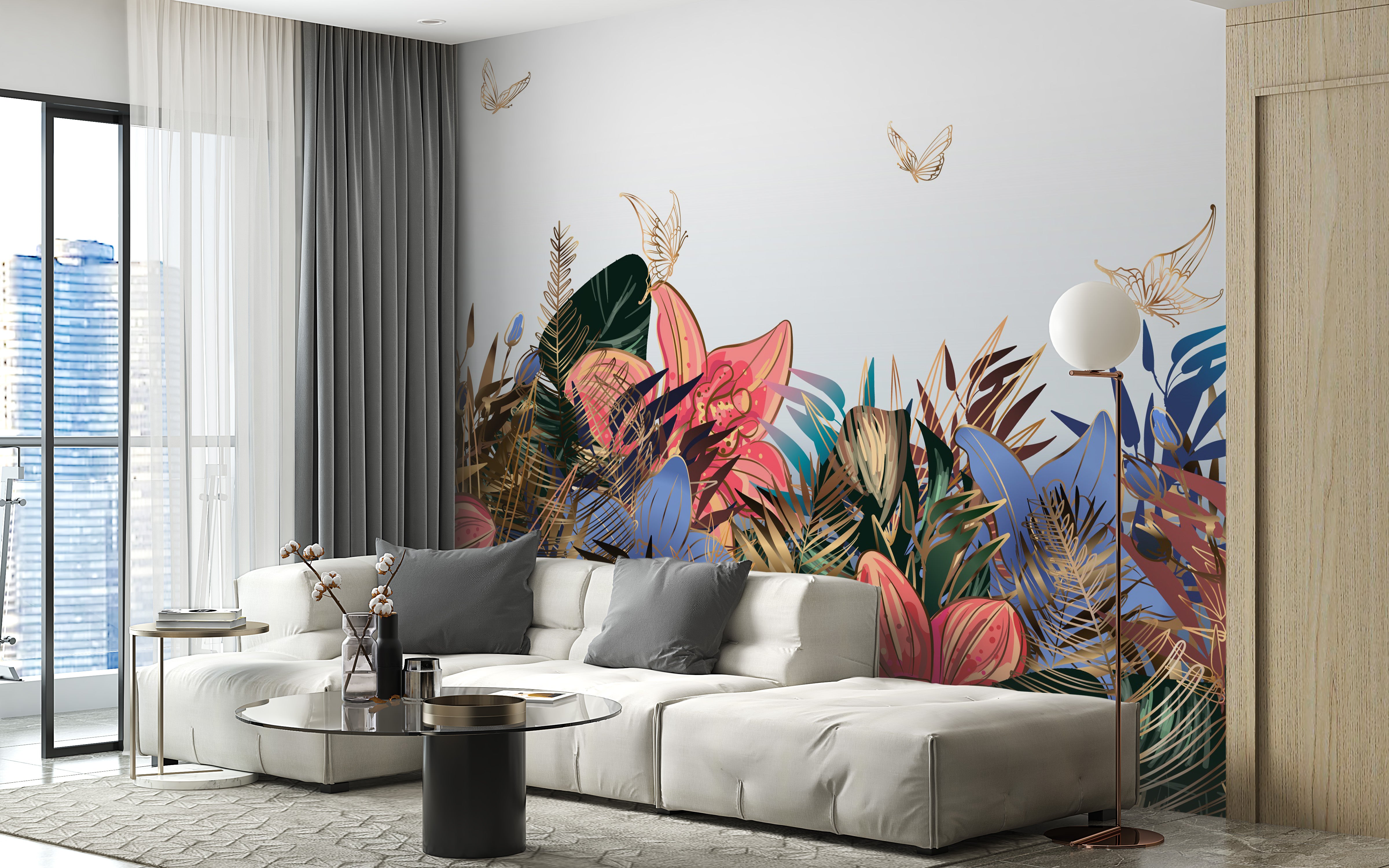 Luxurious green and gold tropical mural