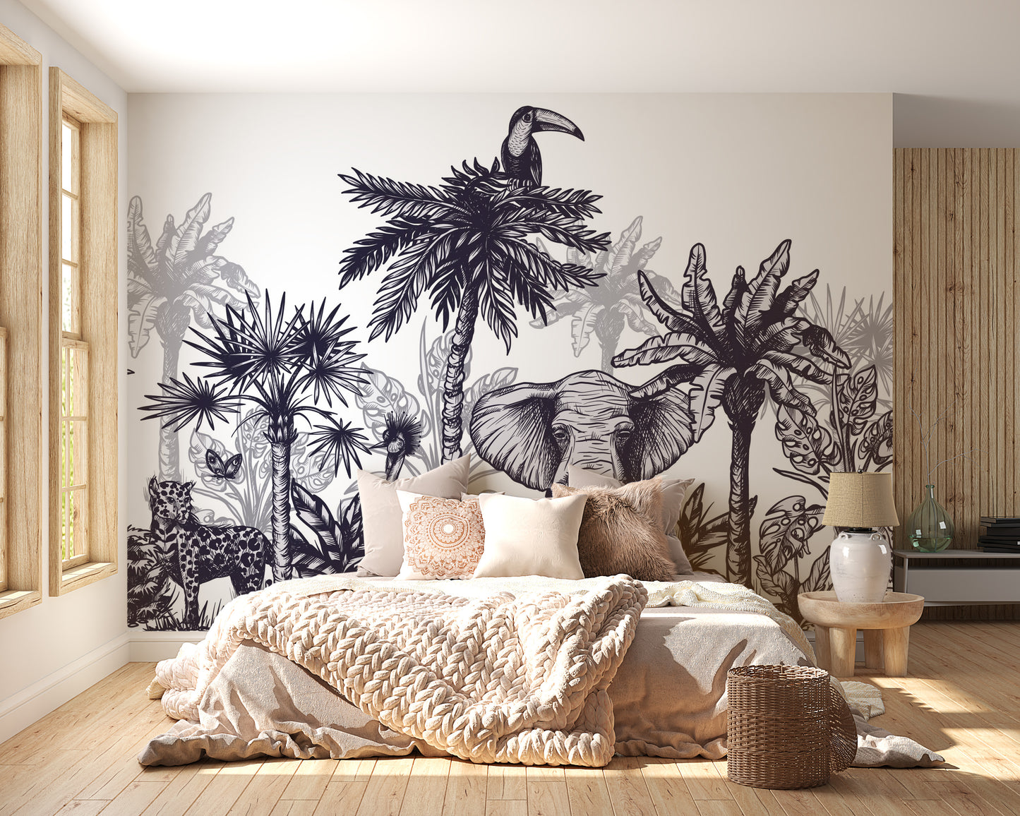 Monochrome mural with exotic animal scenes