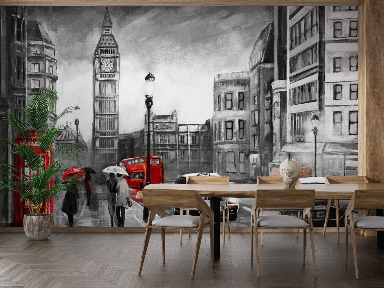 Artistic city mural with classic red highlights