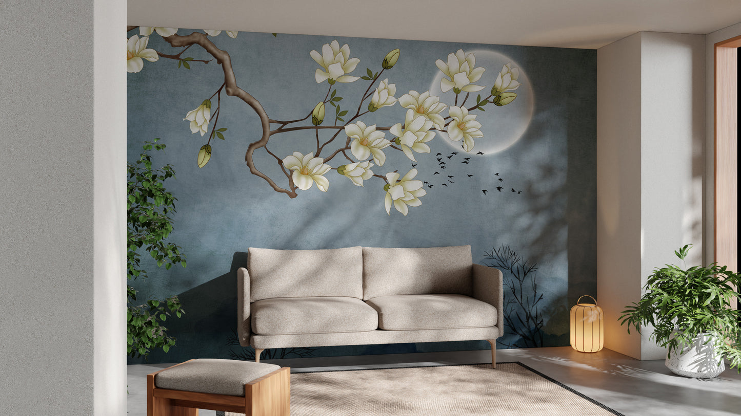 Blue Moon & White Flower Wallpaper Murals - Giffywalls