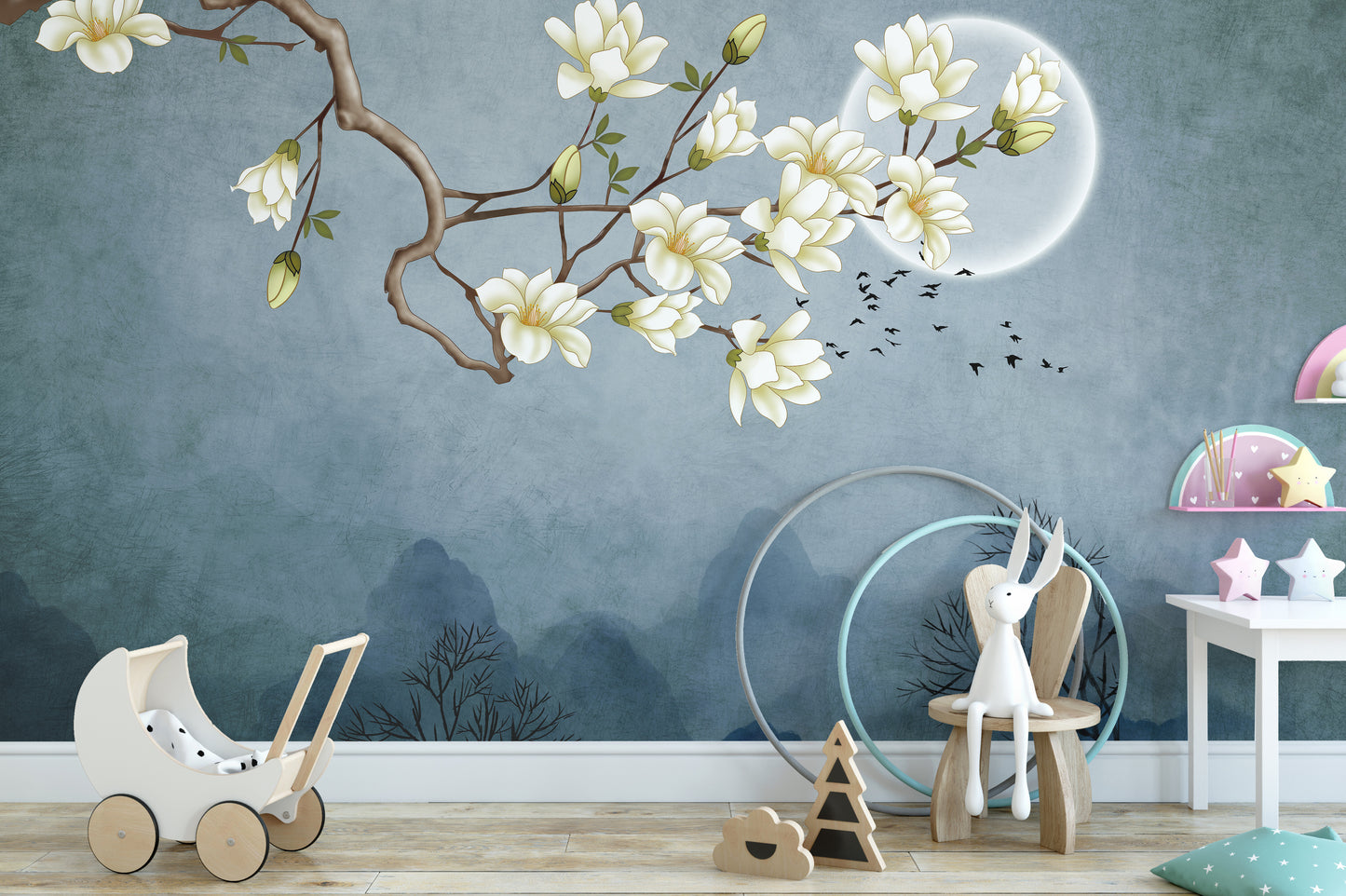 Blue Moon & White Flower Wallpaper Murals - Giffywalls