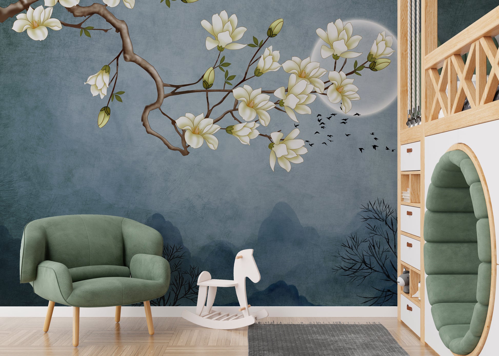 Blue Moon & White Flower Wallpaper Murals - Giffywalls