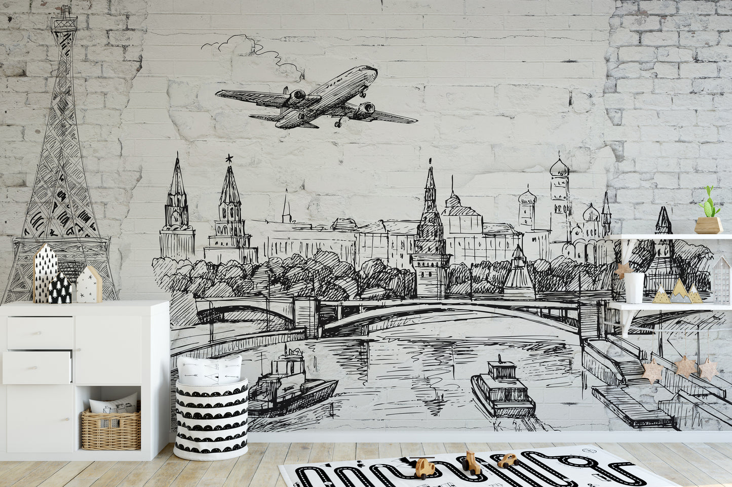 World Landmarks on Old Brick mural wallpaper with peel and stick design