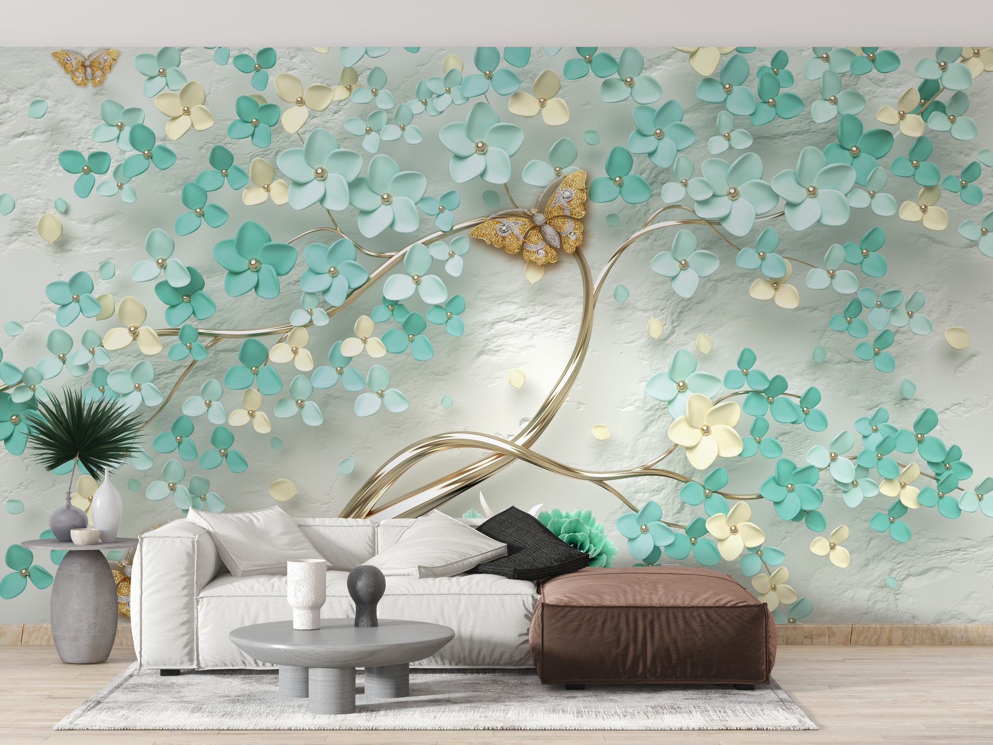 Elegant golden butterflies on green floral wallpaper