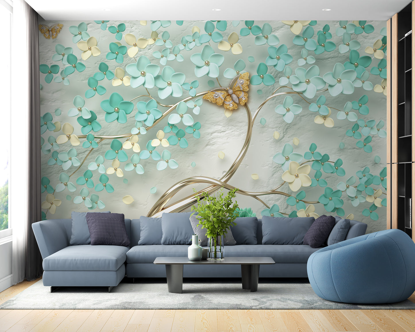 Green flowers with golden butterfly wallpaper mural design