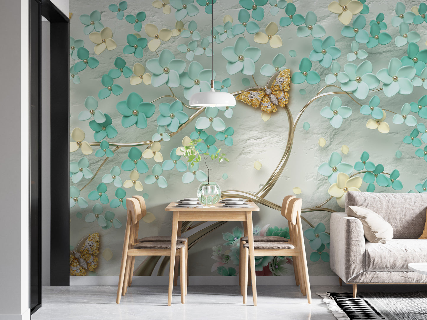 Green Flowers Golden Butterfly Wallpaper Murals