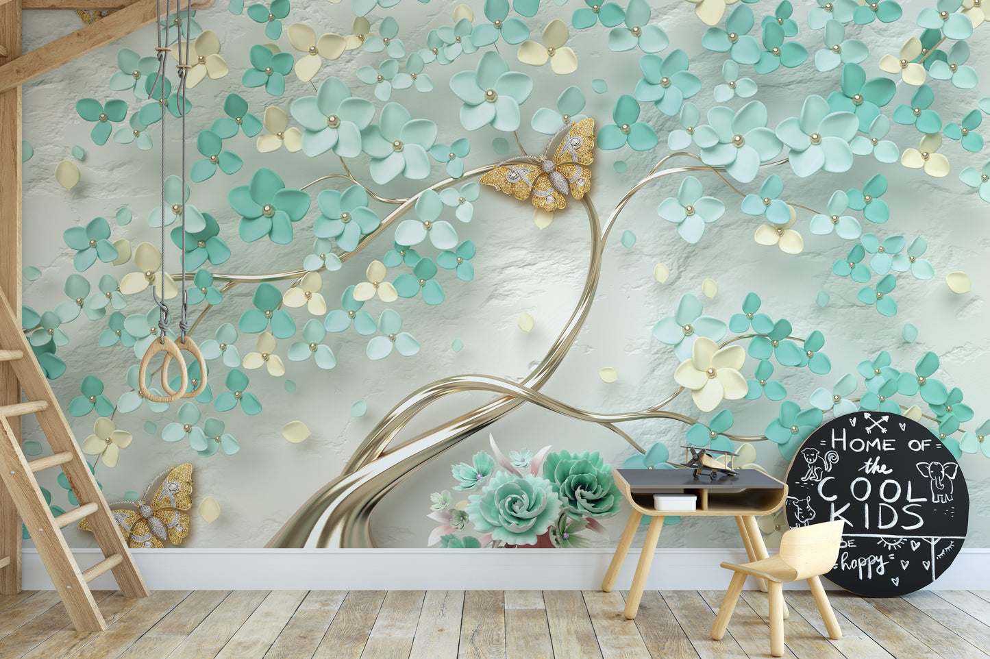 Green Flowers Golden Butterfly Wallpaper Murals