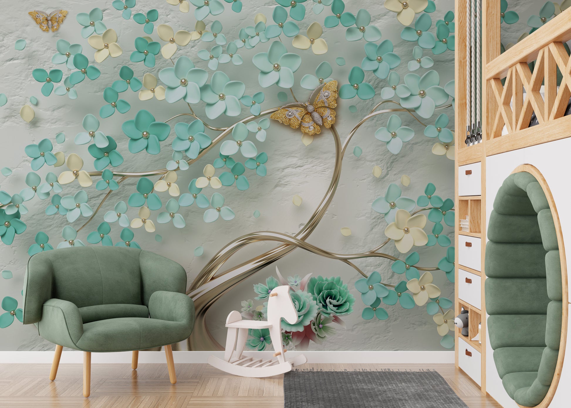 Golden butterfly and green flower mural for walls