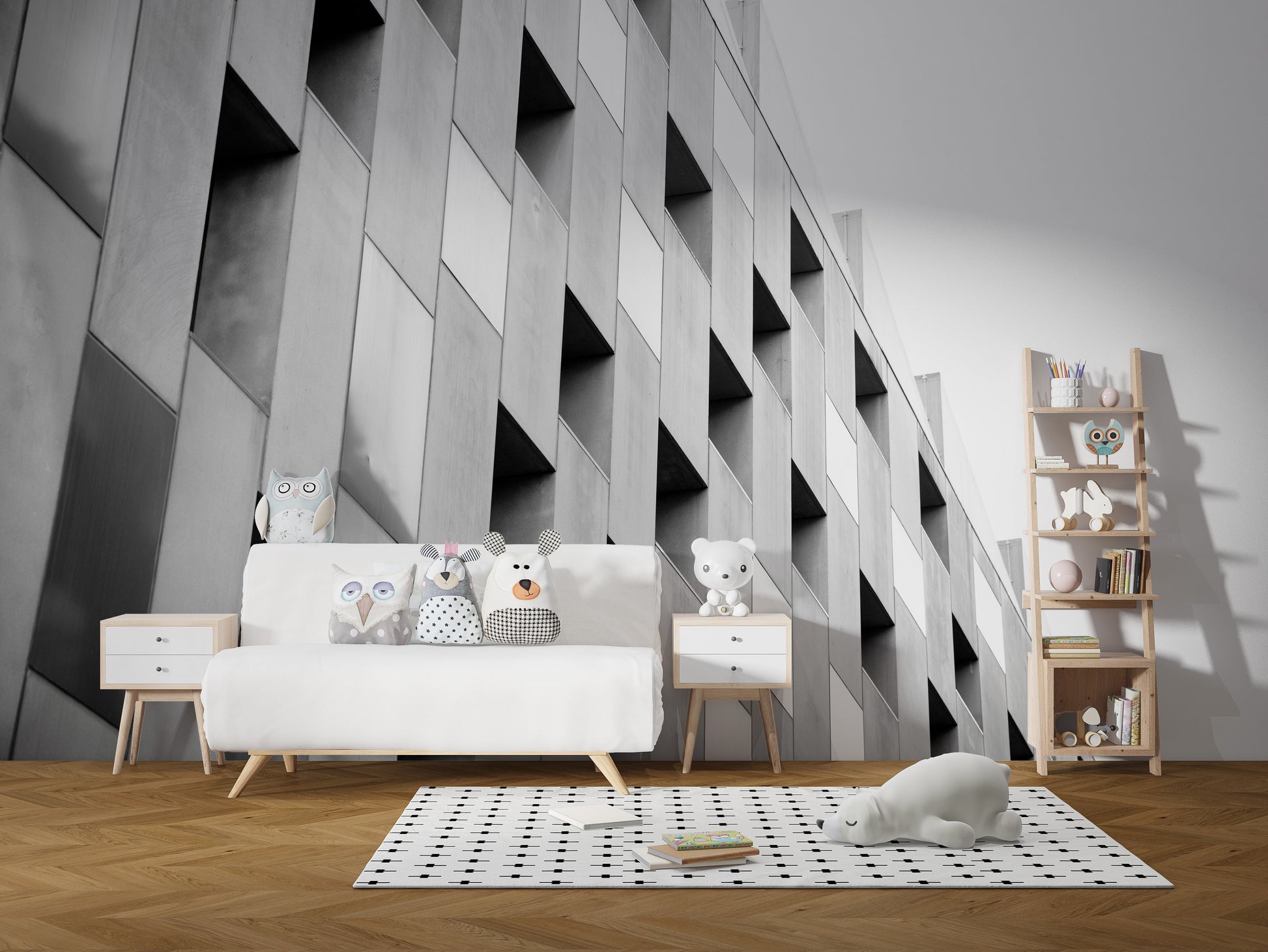 Peel and stick black and white architectural mural wallpaper