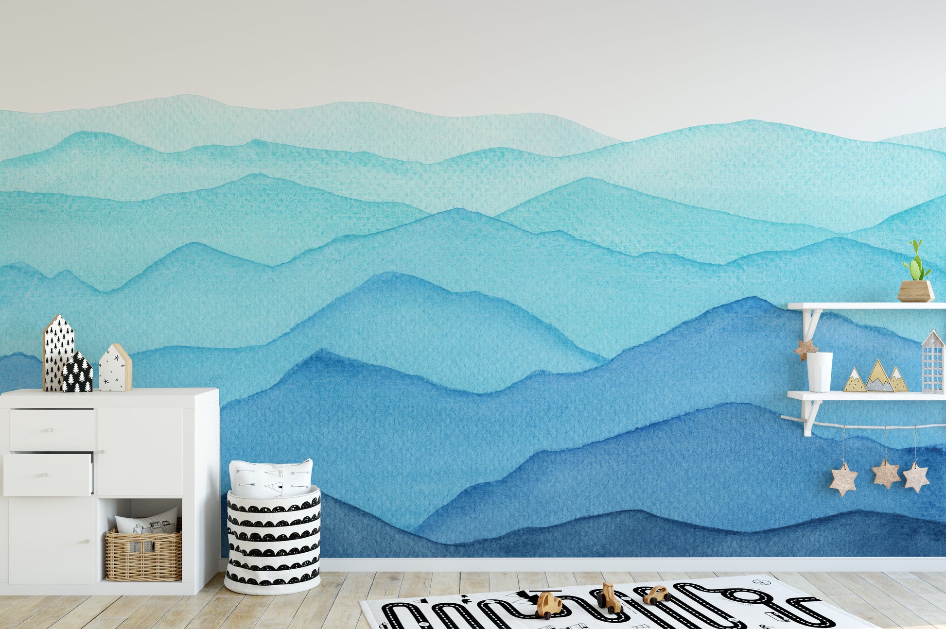 blue watercolor waves mountains removable peel and stick wallpaper