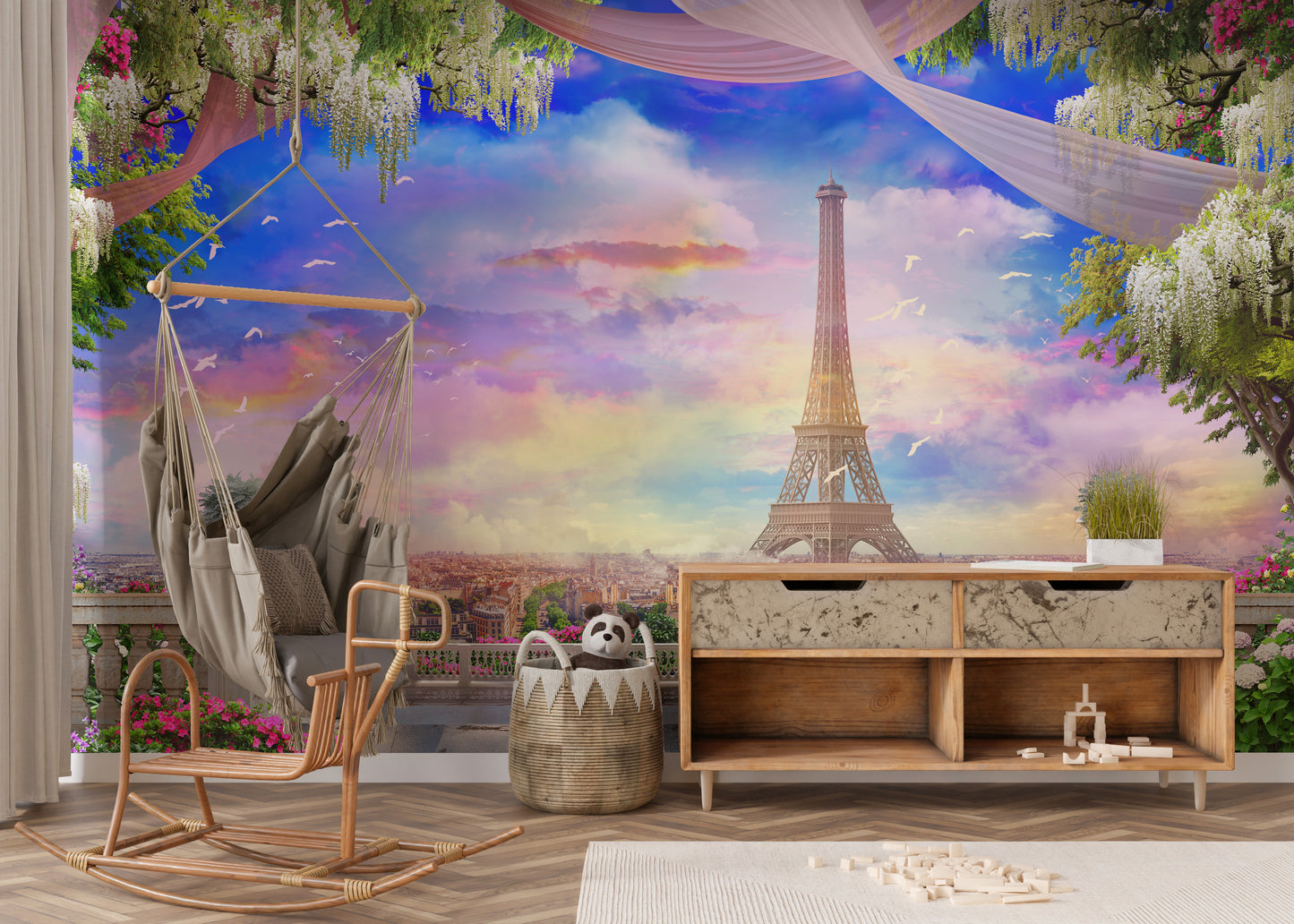 Balcony Eiffel Tower Pink Sunset Wallpaper Mural