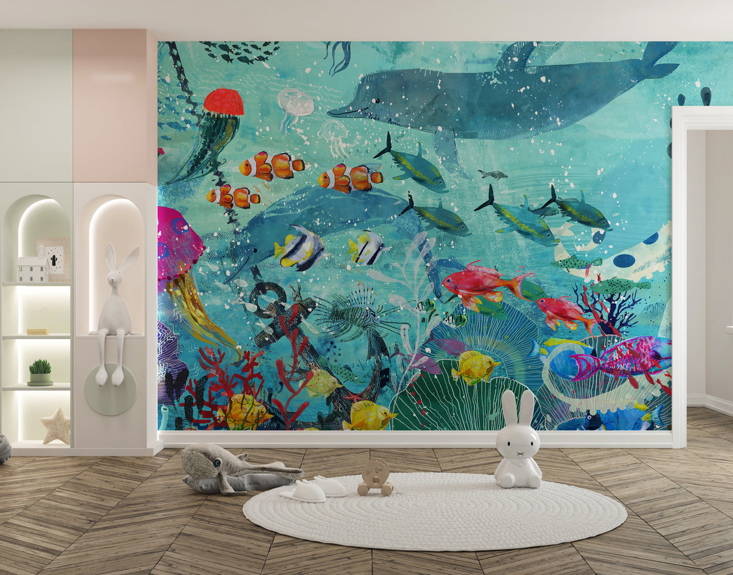 Watercolor Blue Underwater Fish Wallpaper Mural