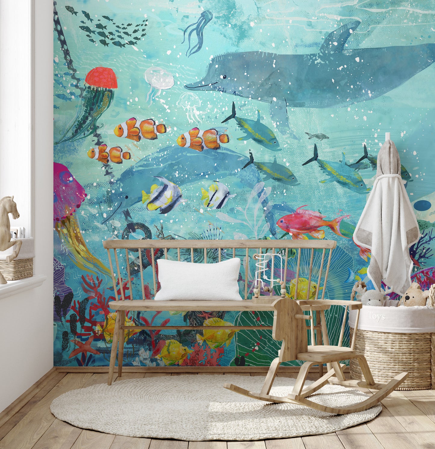 Watercolor Blue Underwater Fish Wallpaper Mural