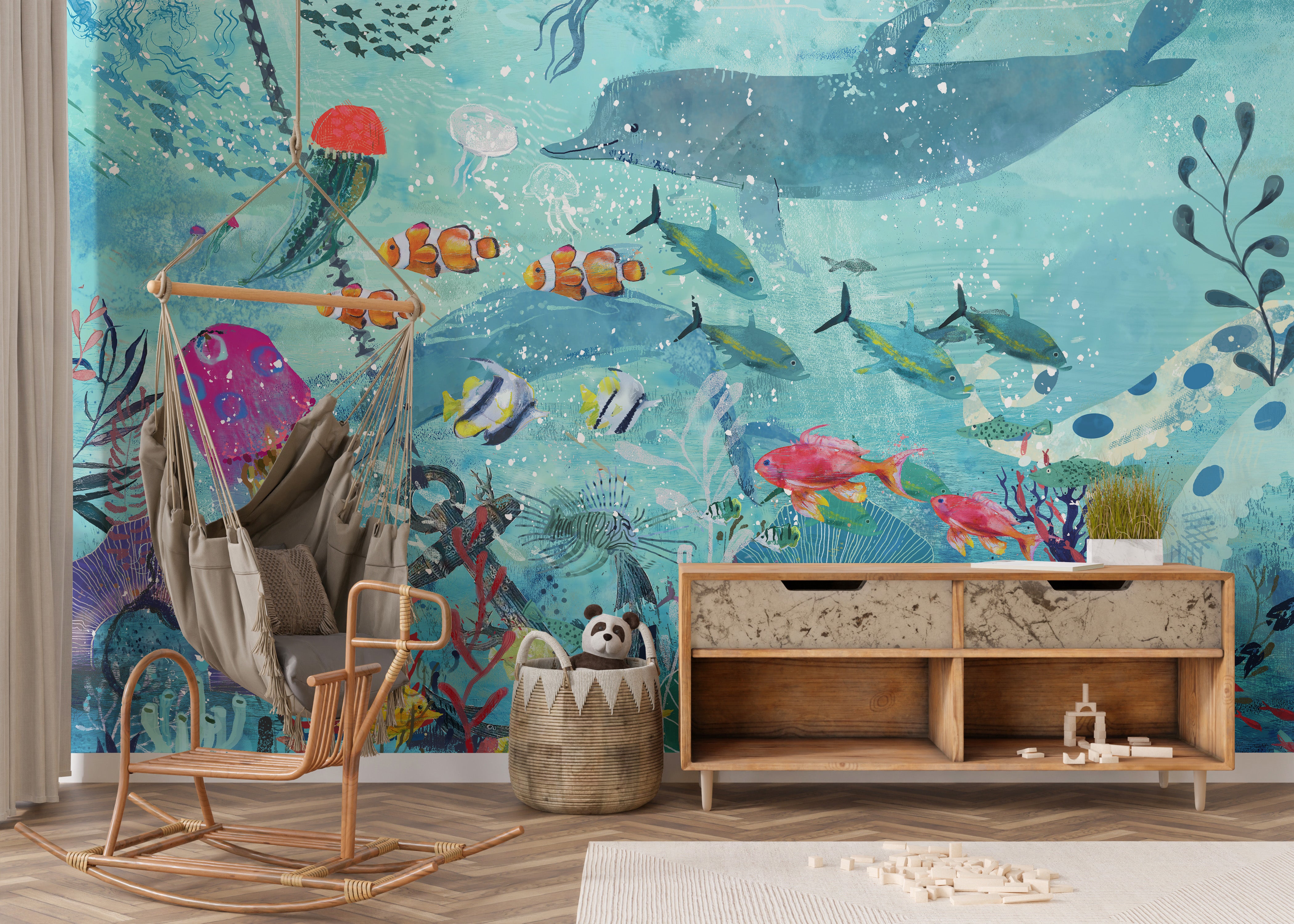 watercolor blue underwater mural wallpaper