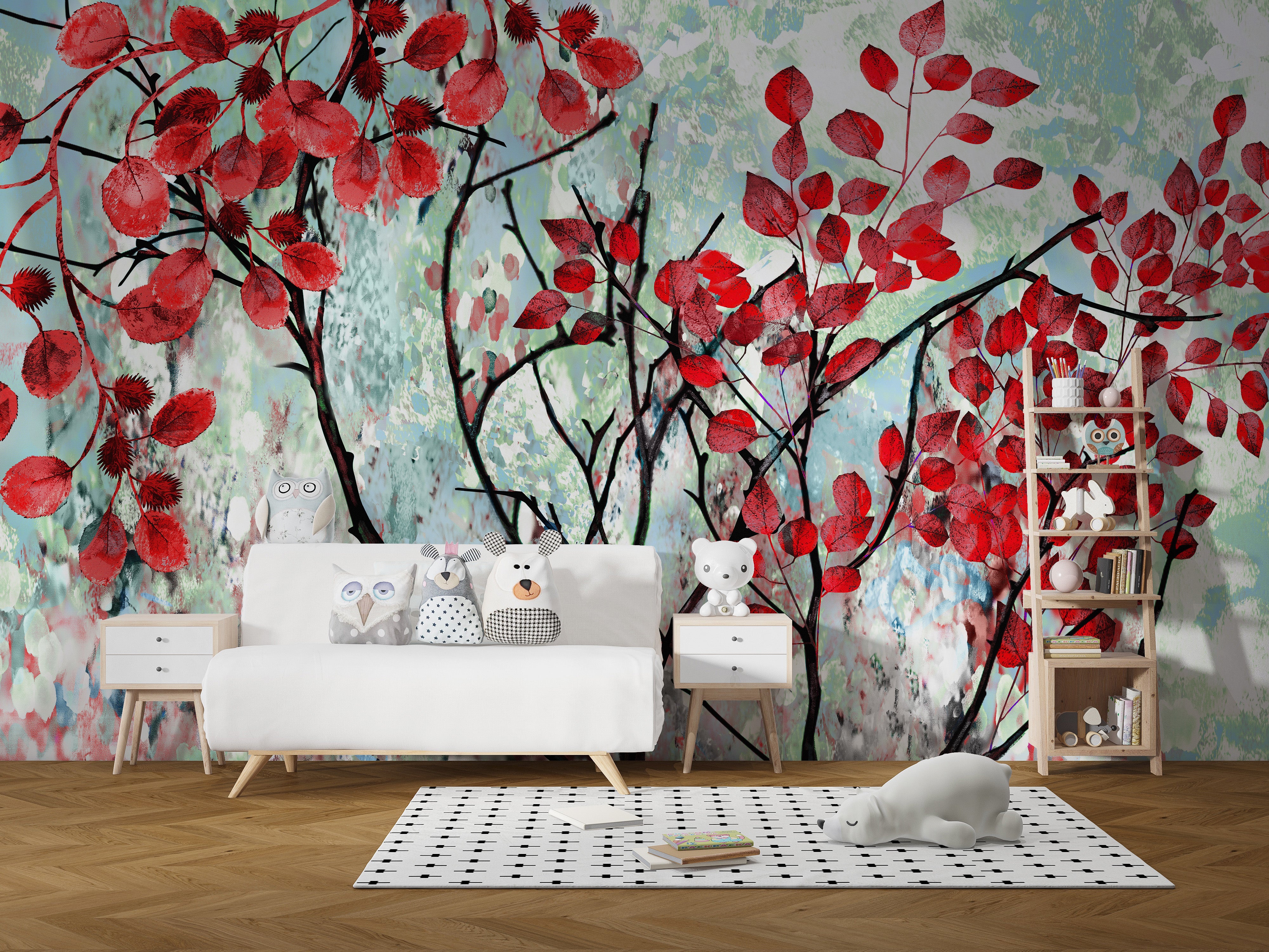 Oil Painted Red Leaves Wallpaper Murals