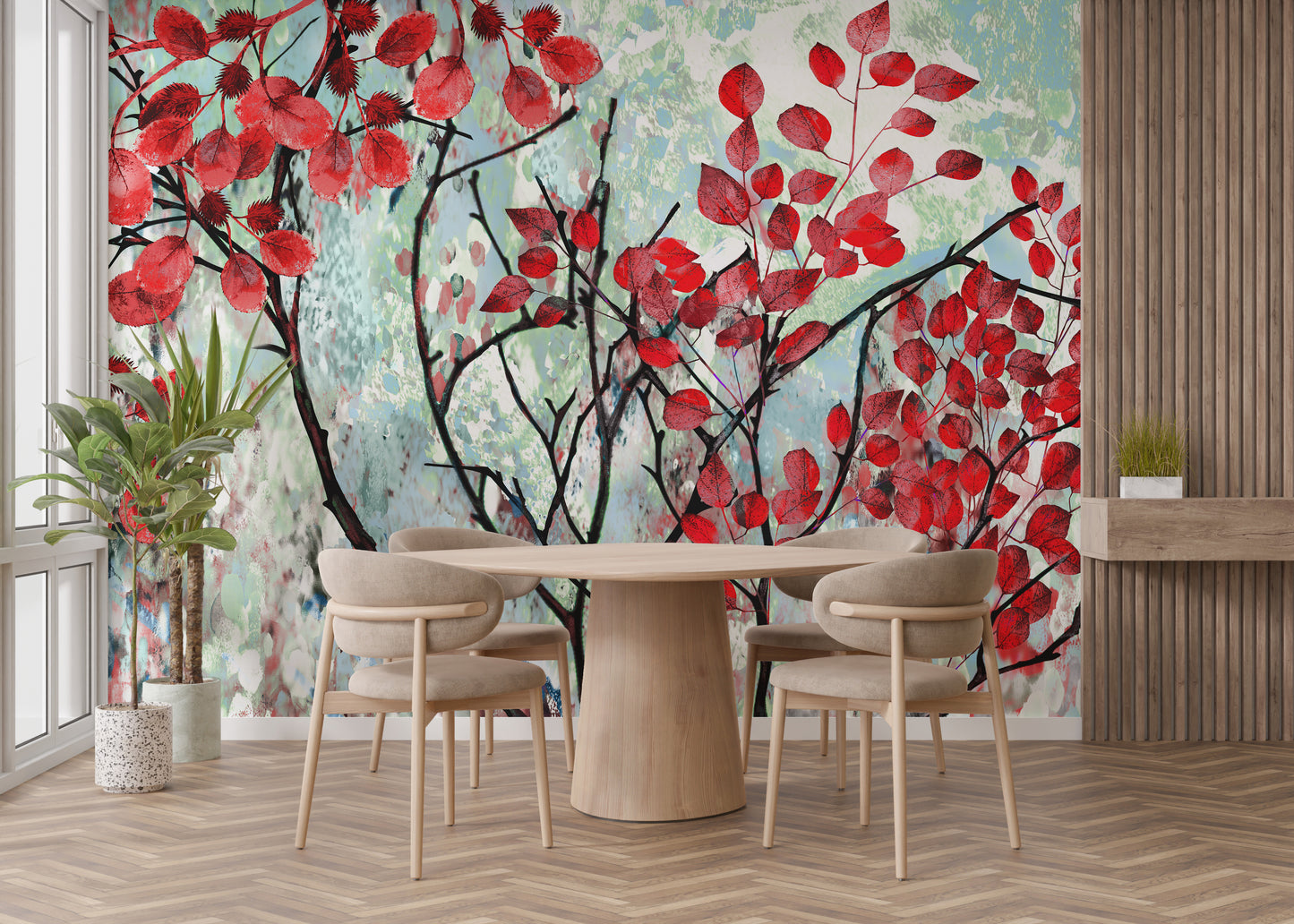 Elegant red leaves oil painting mural