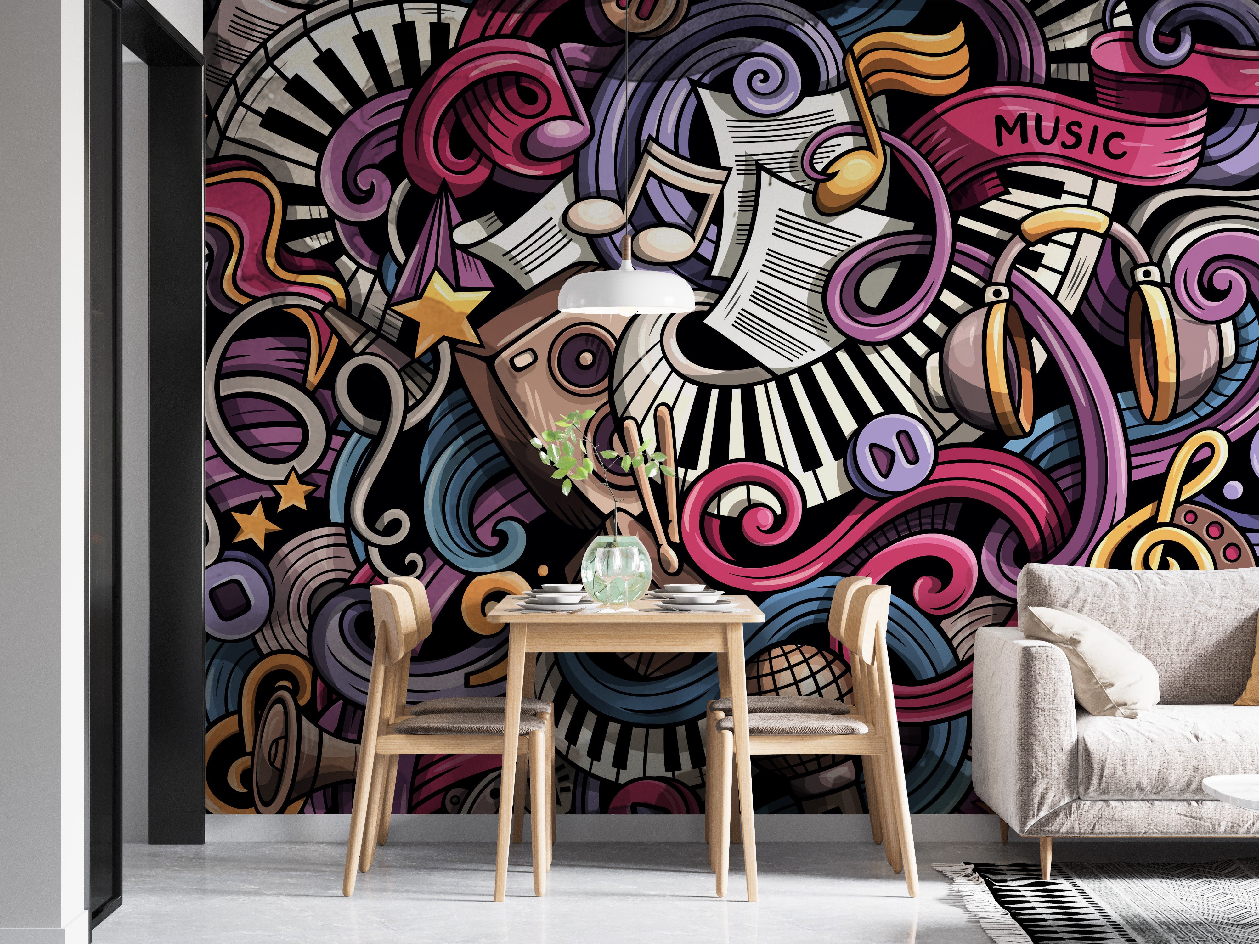 Creative music-themed doodles wallpaper mural