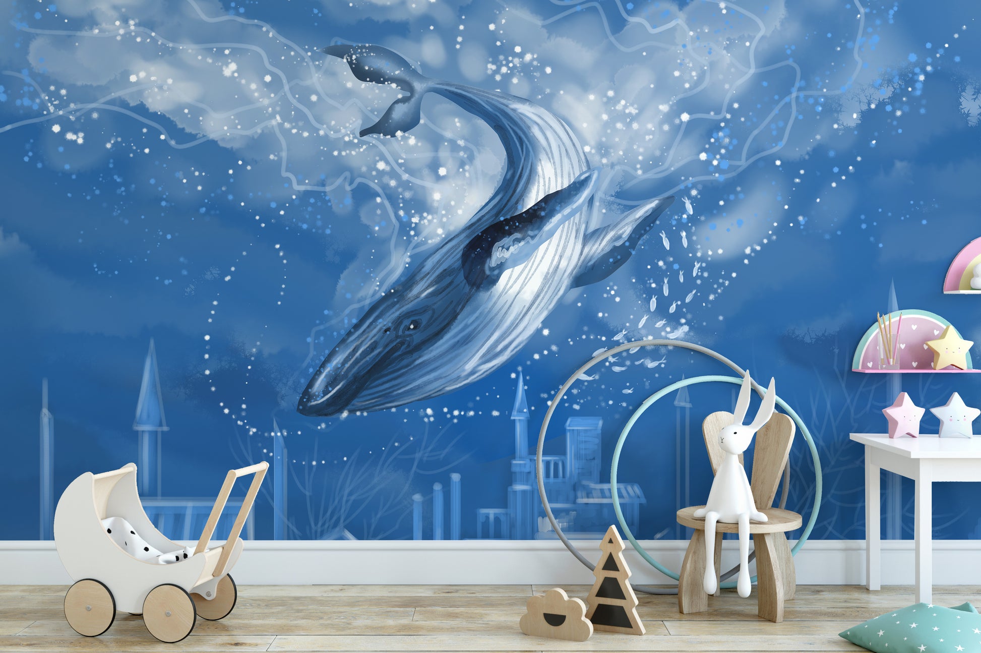 Underwater blue whale mural for decor