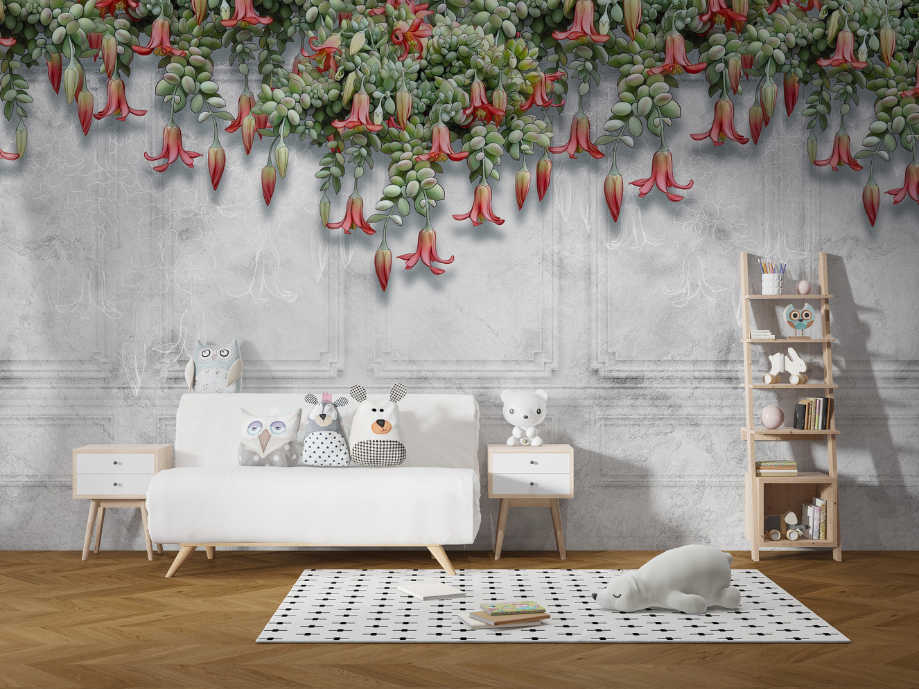 Hanging Exotic Flowers Concrete Gray Wall Murals