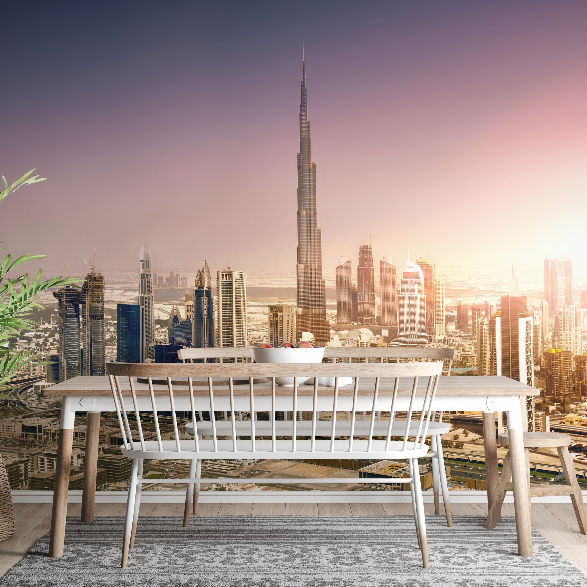 Cityscape mural of Dubai at sunset