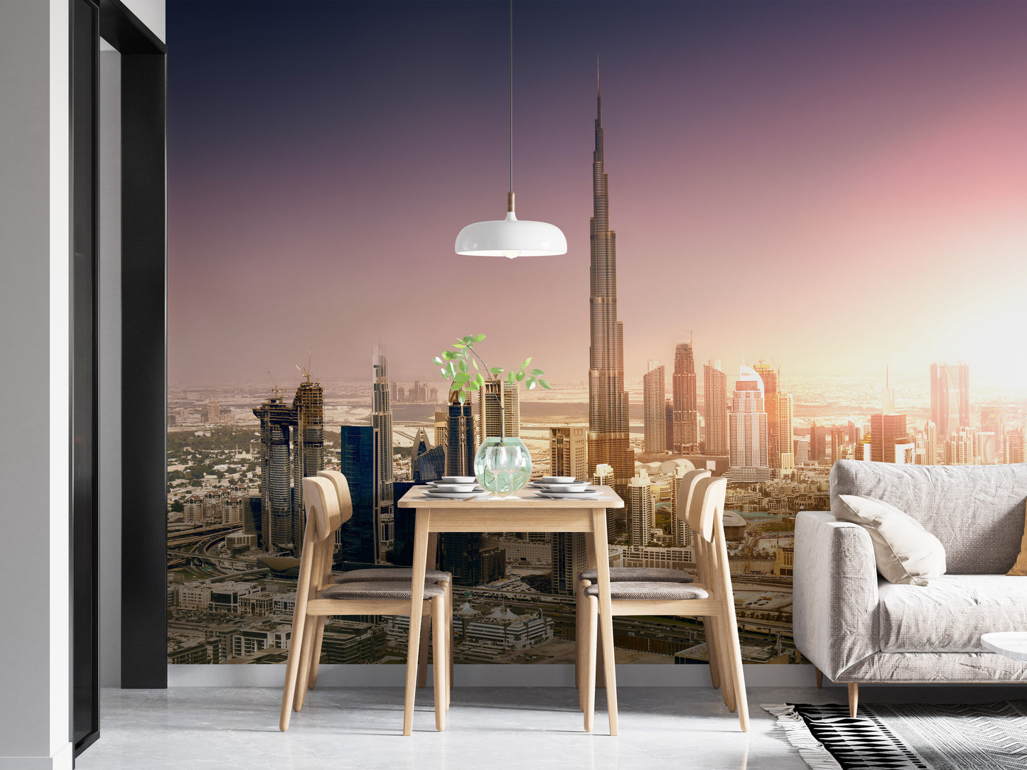 Dubai cityscape mural featuring sunset skyline