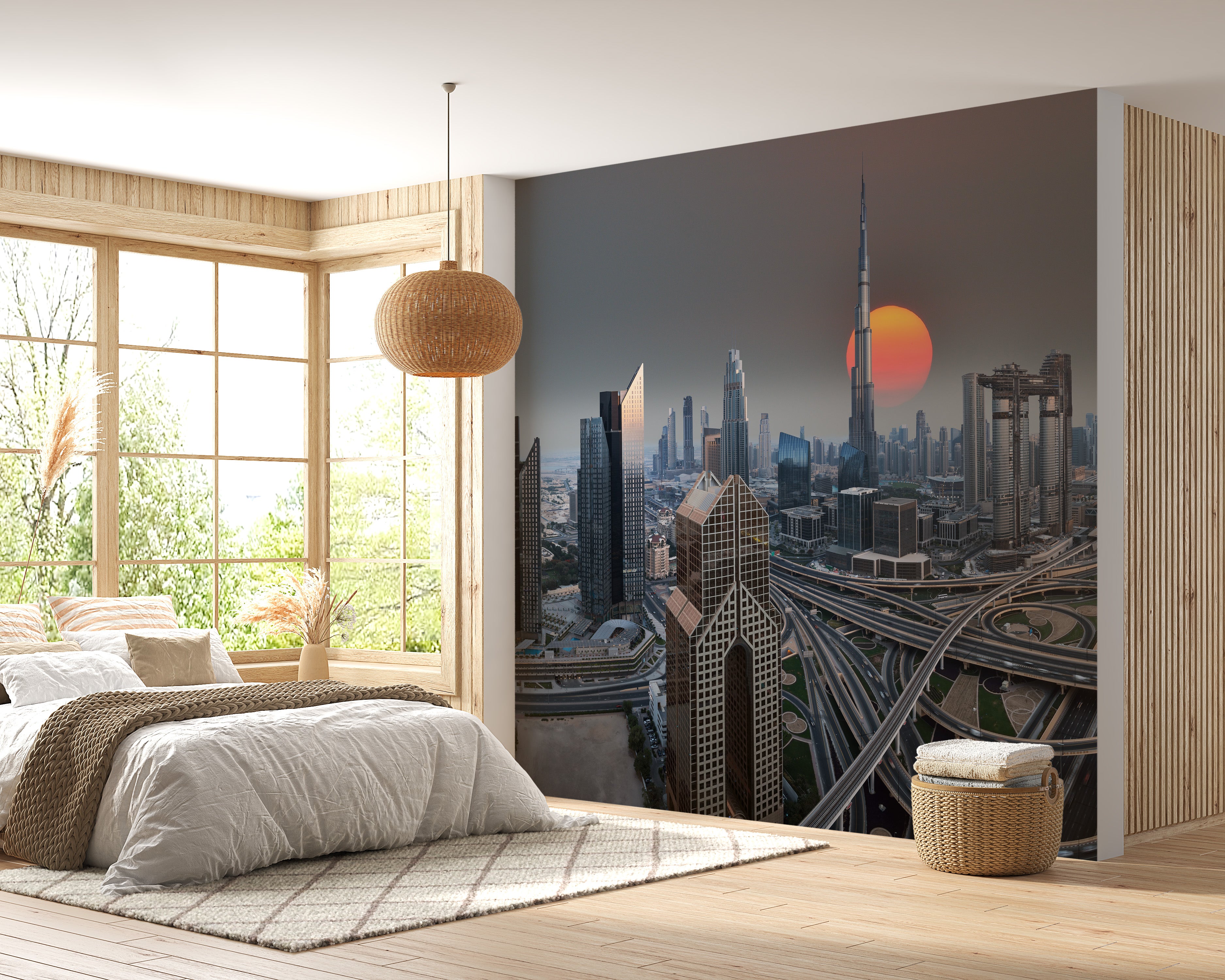 Modern Dubai skyline mural with sunrise