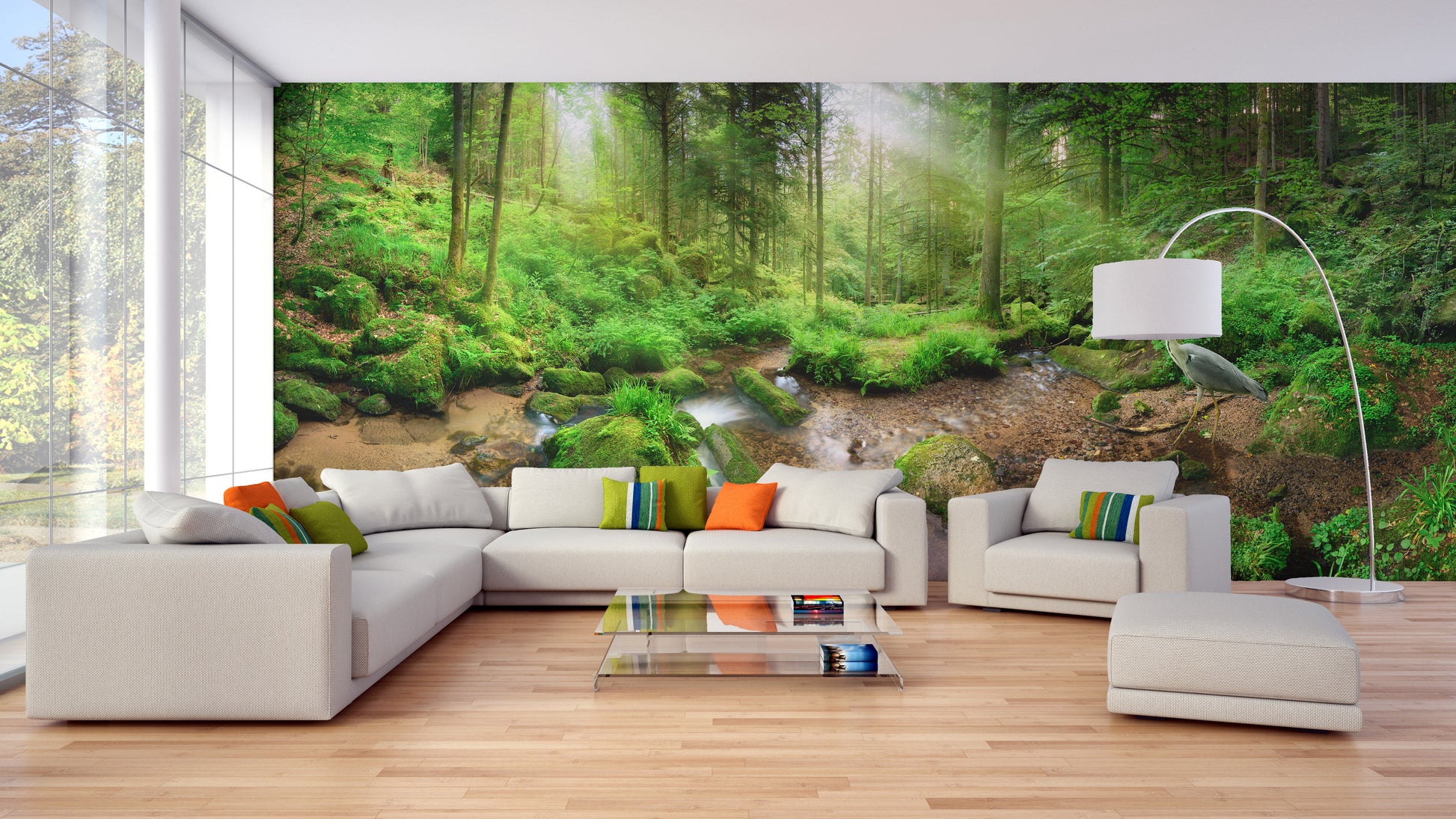 Nature-inspired heron and forest wallpaper mural