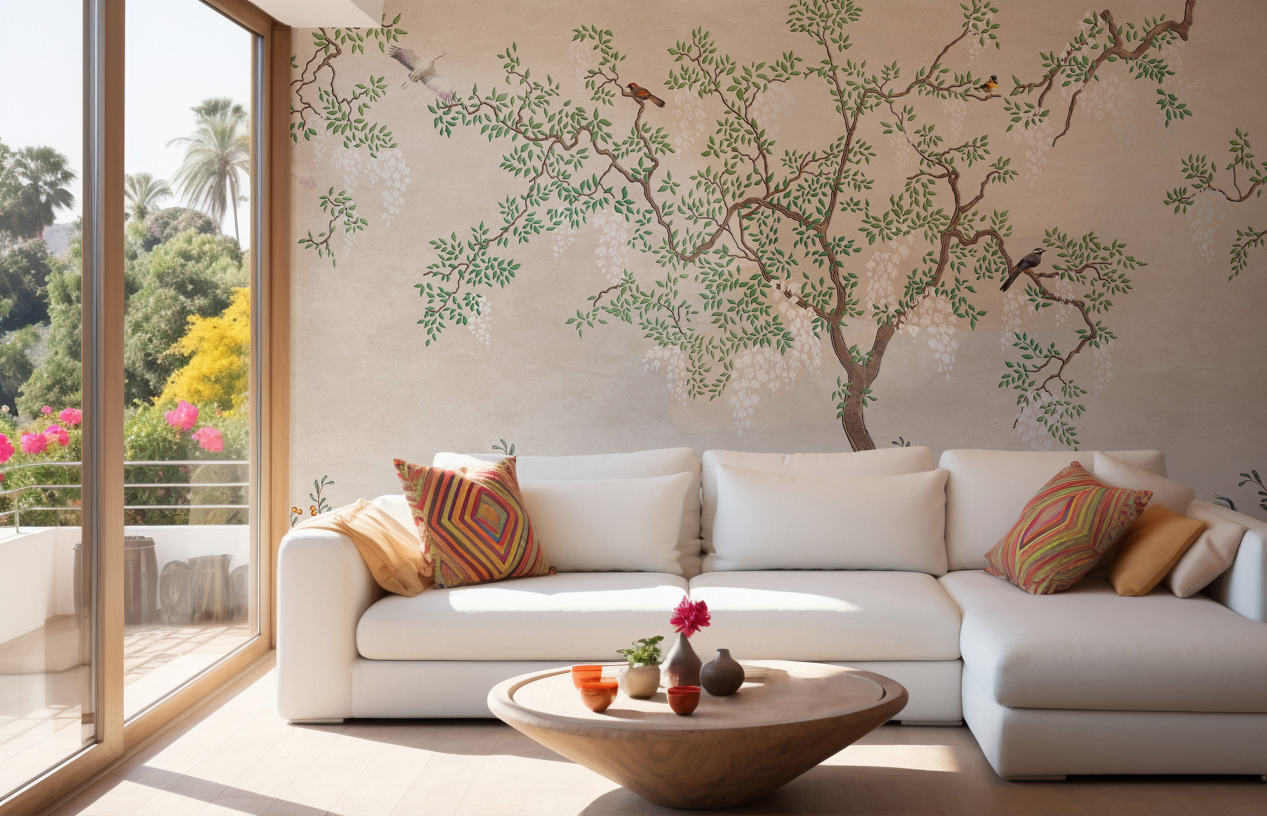 Japanese garden scene with birds wall mural