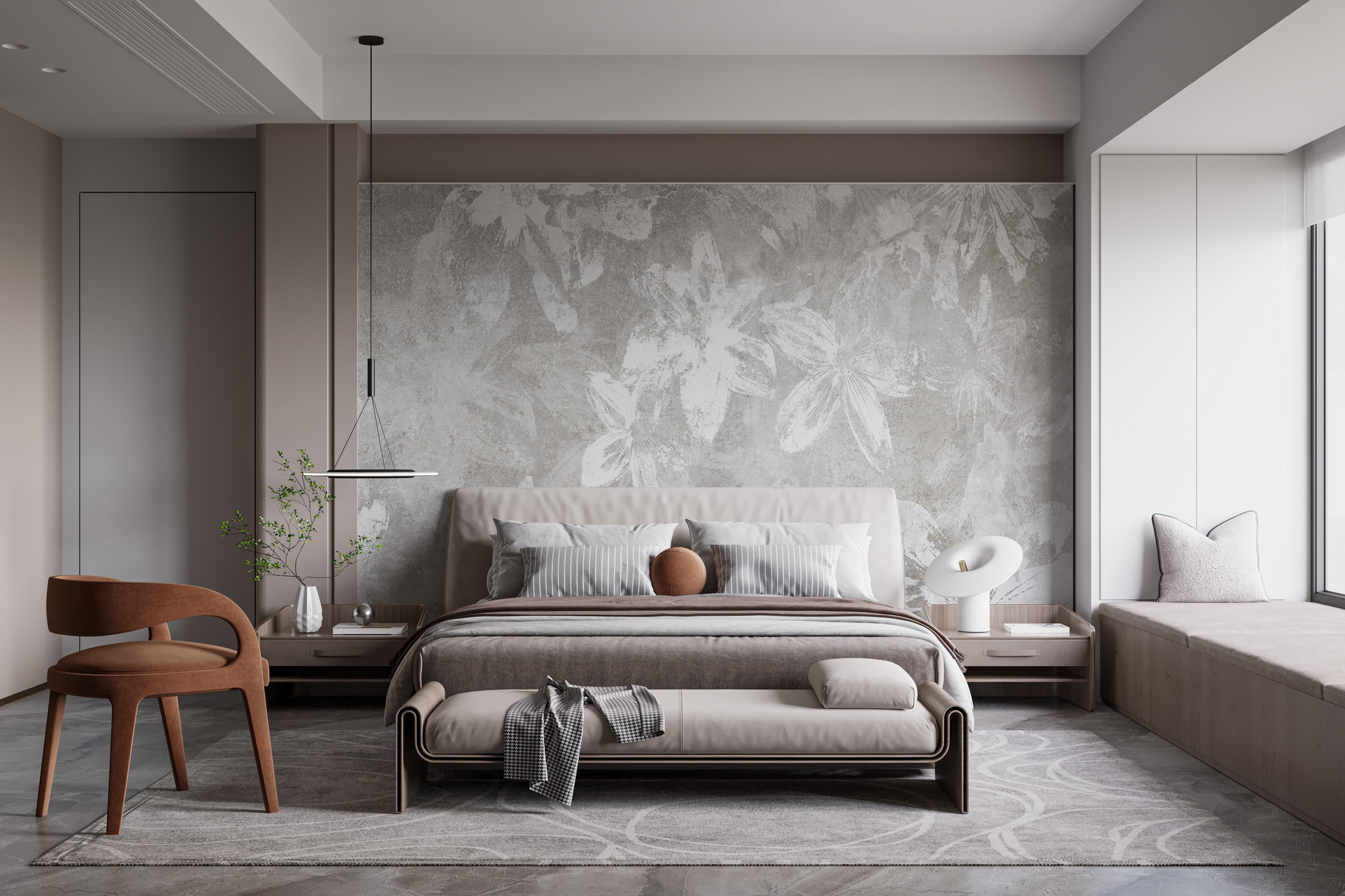 Rustic-themed wallpaper mural featuring white flowers