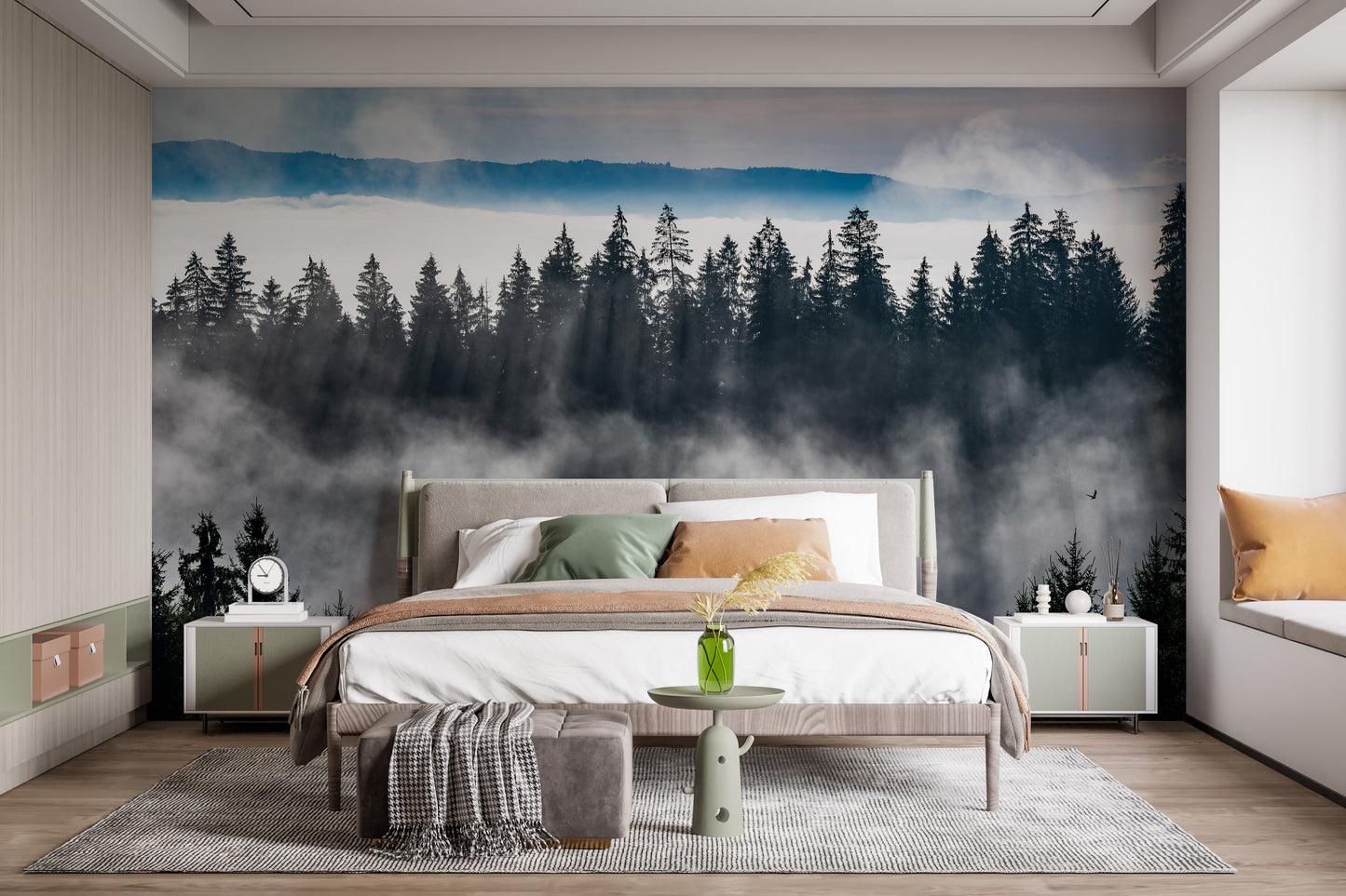 Mountain landscape mural with misty forest view