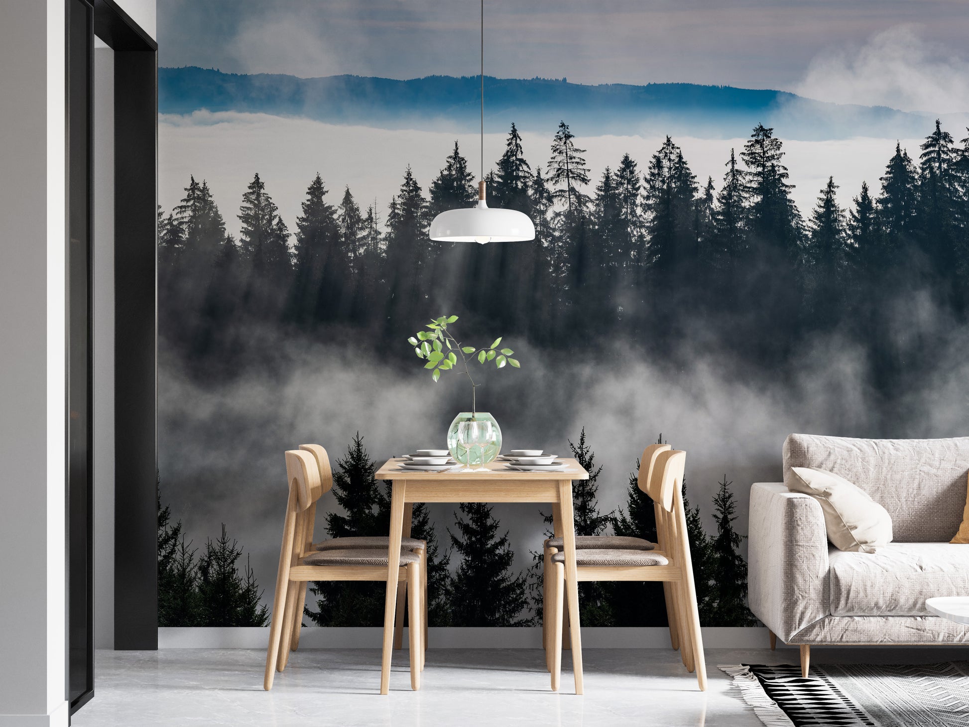 Peaceful misty forest mountain wallpaper for interiors