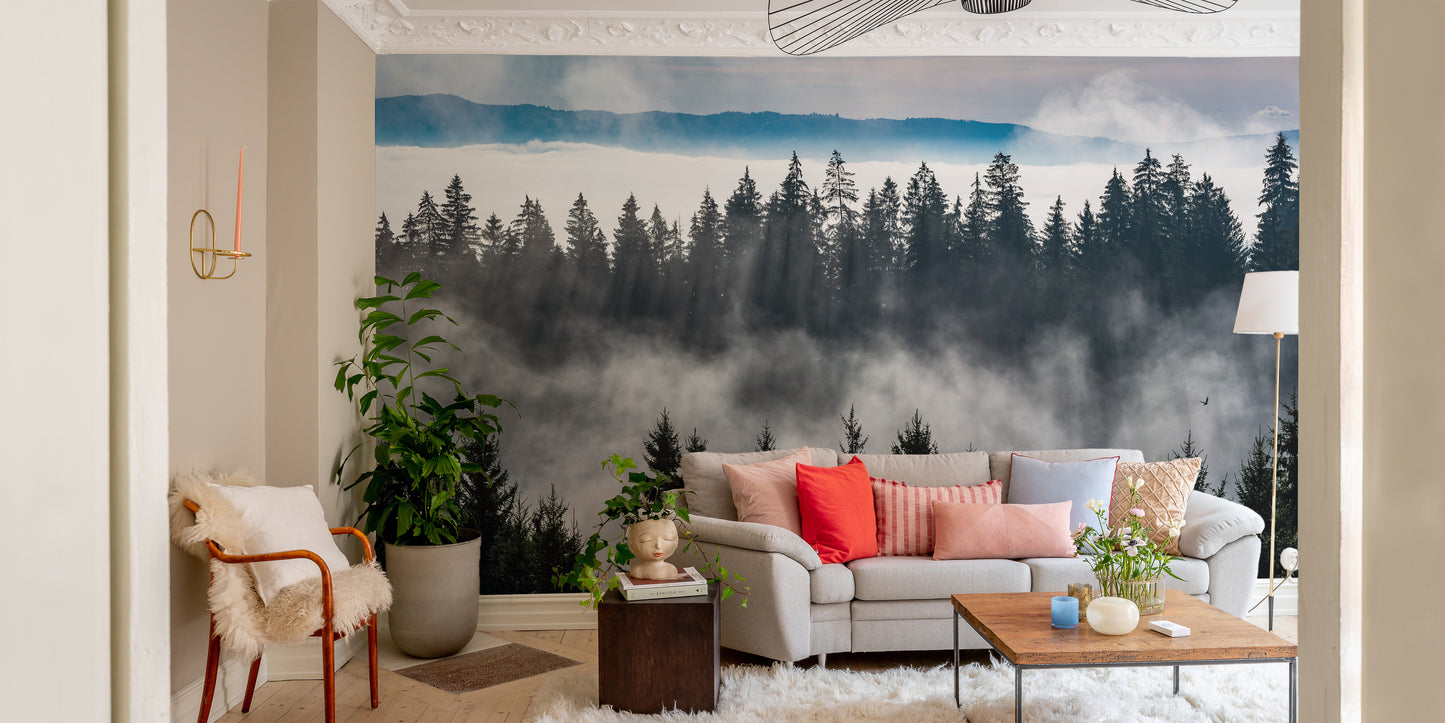 Mountain wallpaper mural with misty forest