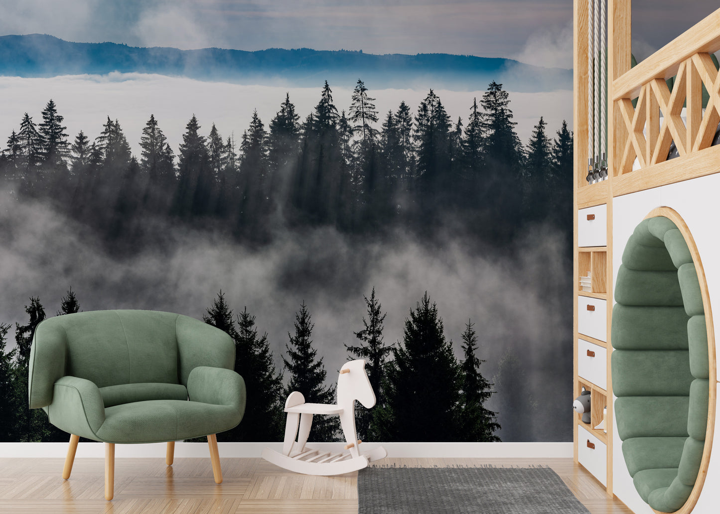 Foggy forest mountain wall mural decor